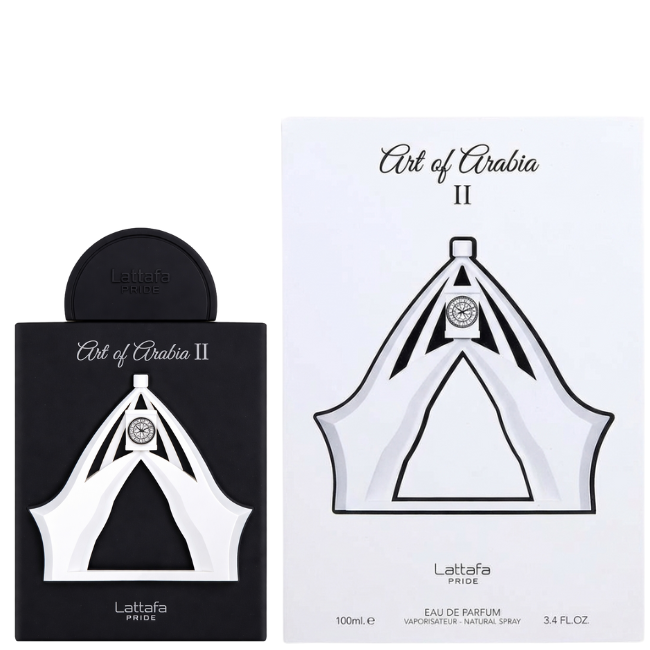 Lattafa Pride Art of Arabia II 100ml Eau De Parfum in its matte black bottle with a white 3D monument relief, displayed next to its matching large white gift box featuring the same architectural motif.