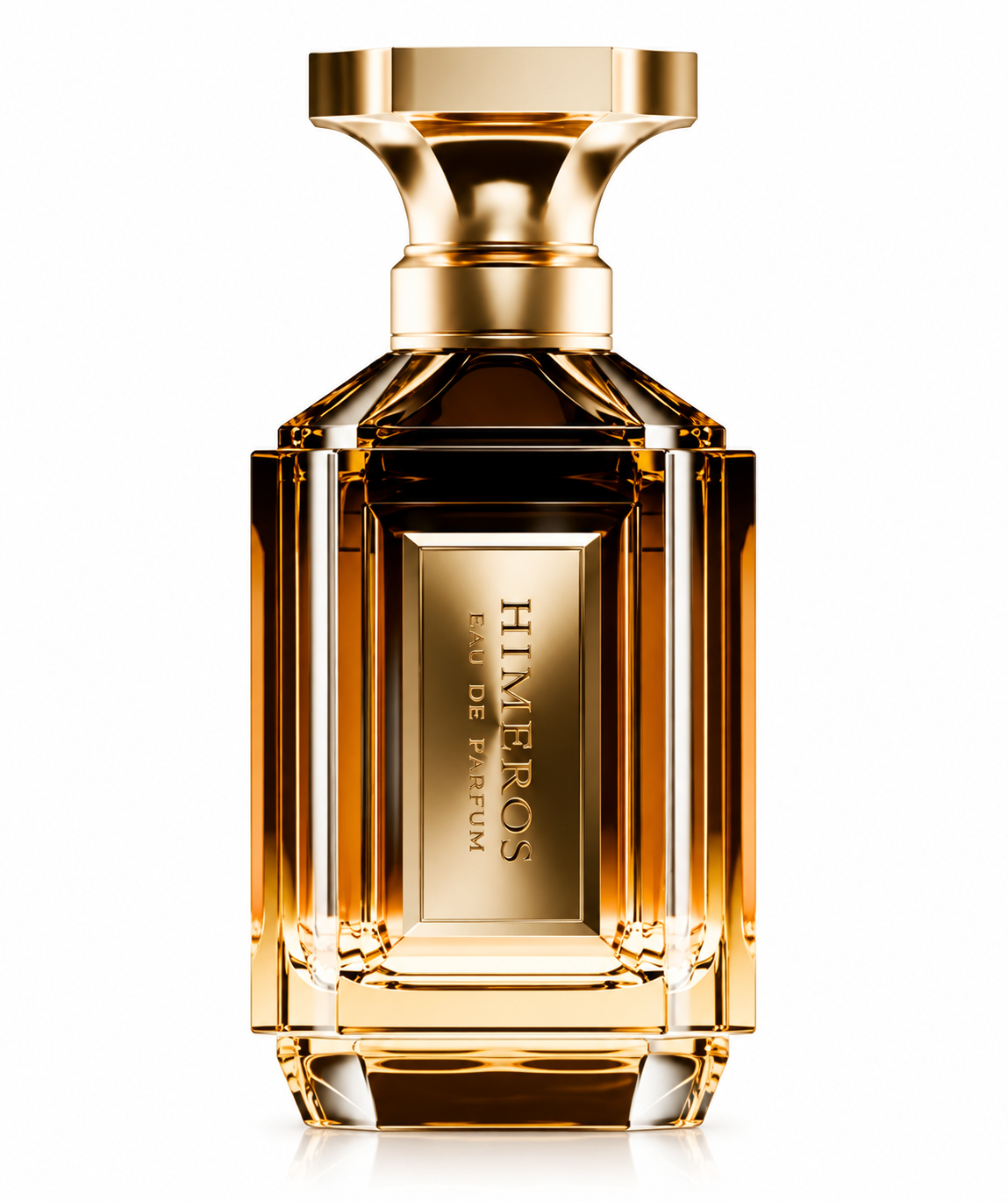 Himeros Eau de Parfum in a luxurious faceted amber glass bottle with a sculptural polished gold cap and vertical gold Himeros plaque, photographed on a clean white background.