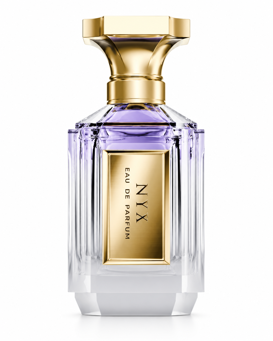 NYX Eau de Parfum in an elegant transparent faceted glass bottle with soft lavender tones, a luxurious sculpted gold cap and a rectangular gold label. Premium woody amber fragrance presented against a pure white background.