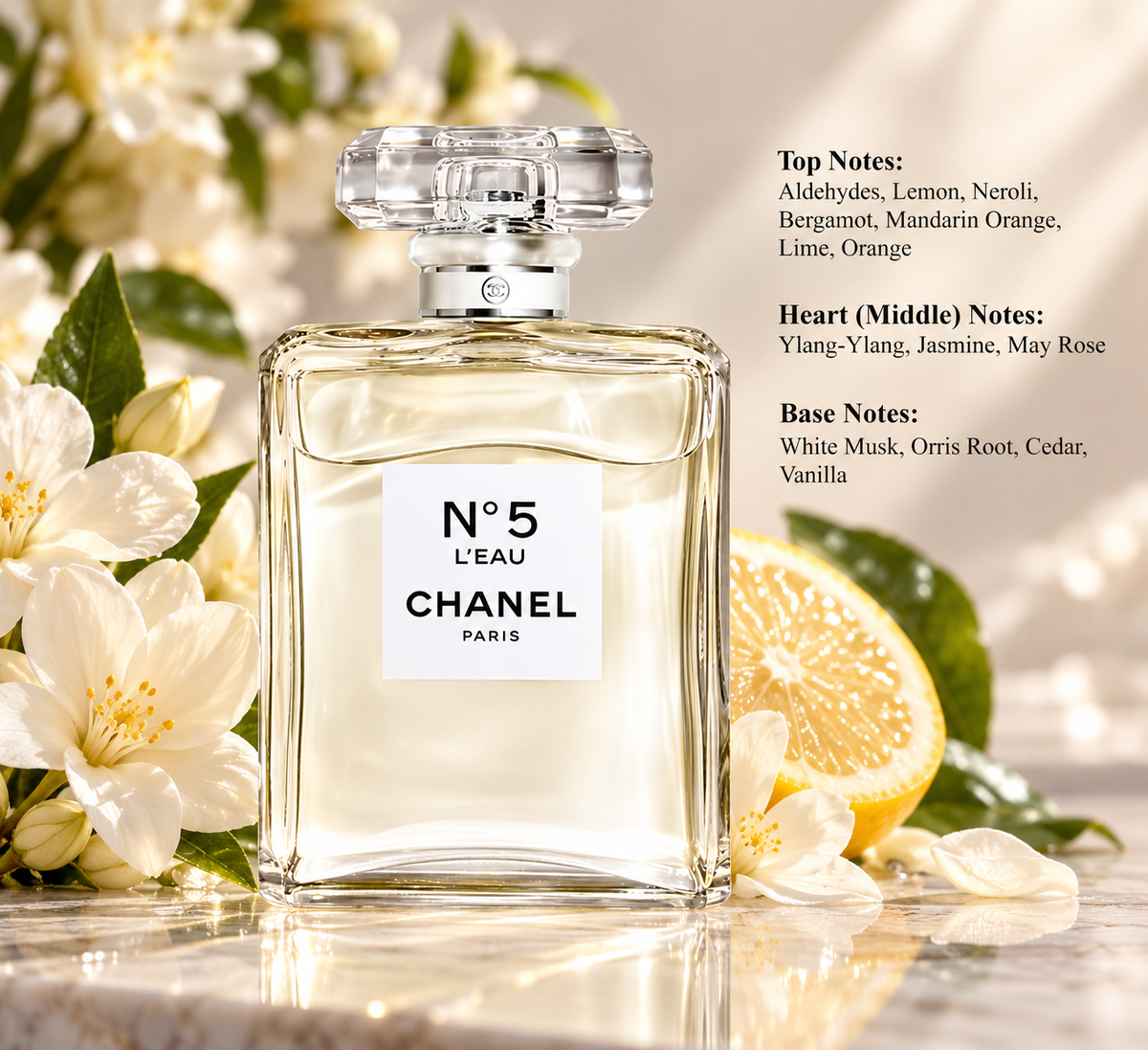 Chanel N°5 L’Eau perfume for women, elegantly presented in a transparent glass bottle with a crystal cap, surrounded by fresh lemon slices, delicate white jasmine flowers and green leaves. A sophisticated fresh floral fragrance featuring citrus, neroli, ylang-ylang, rose, white musk and vanilla, with fragrance notes displayed.