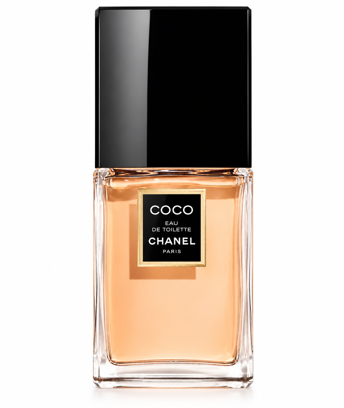 Chanel Coco Eau de Toilette for women in an elegant rectangular glass bottle filled with warm amber perfume, featuring a glossy black cap and signature black and gold Chanel label. A timeless luxury fragrance presented against a clean white background.