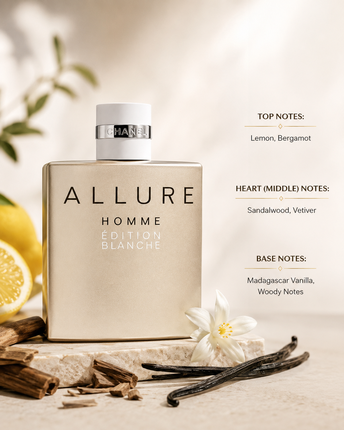 Chanel Allure Homme Édition Blanche Eau de Parfum elegantly displayed on a warm ivory travertine pedestal in a sophisticated Mediterranean-inspired luxury setting. The champagne-toned bottle remains the dominant hero, surrounded by freshly cut lemon and bergamot, smooth sandalwood and vetiver-inspired woods, dark Madagascar vanilla pods, and subtle creamy white blossoms. Soft late-morning sunlight filters through nearby foliage, casting elegant organic shadows.