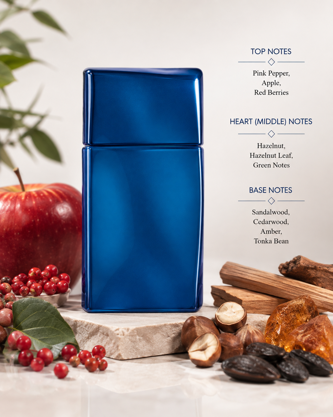 Kenzo Aqua Kenzo Pour Homme preserving the exact deep cobalt-blue rectangular bottle and matching cap from the reference image, displayed on a light stone pedestal in an elegant fresh masculine fragrance composition. Surround it naturally with red apple, pink peppercorns and red berries; hazelnuts and fresh green hazelnut leaves; sandalwood and cedarwood pieces, warm amber resin and tonka beans. 