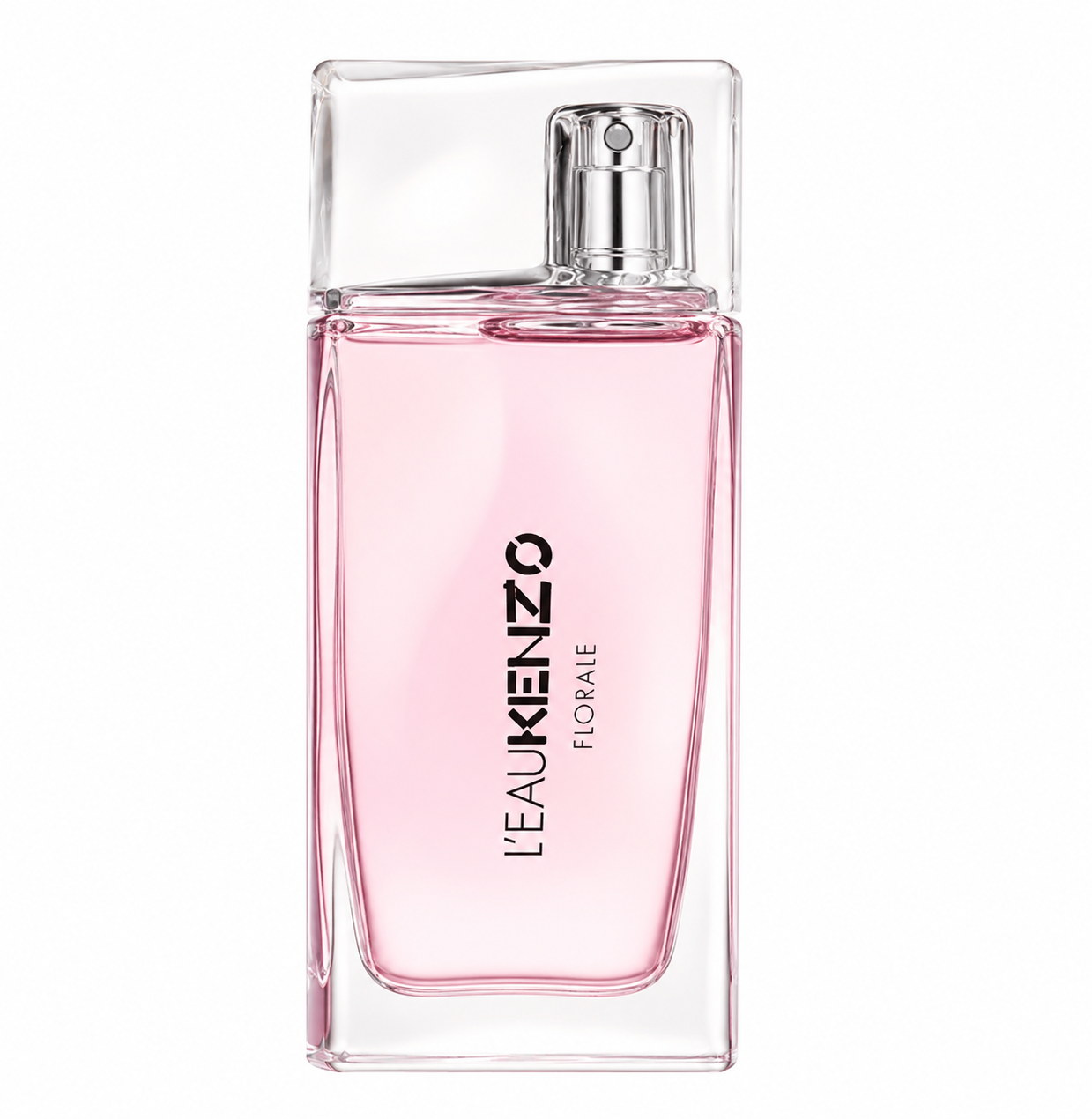 Kenzo L’Eau Kenzo Florale perfume in a sleek transparent glass bottle filled with soft pink fragrance and finished with a silver spray top, photographed on a clean white background.