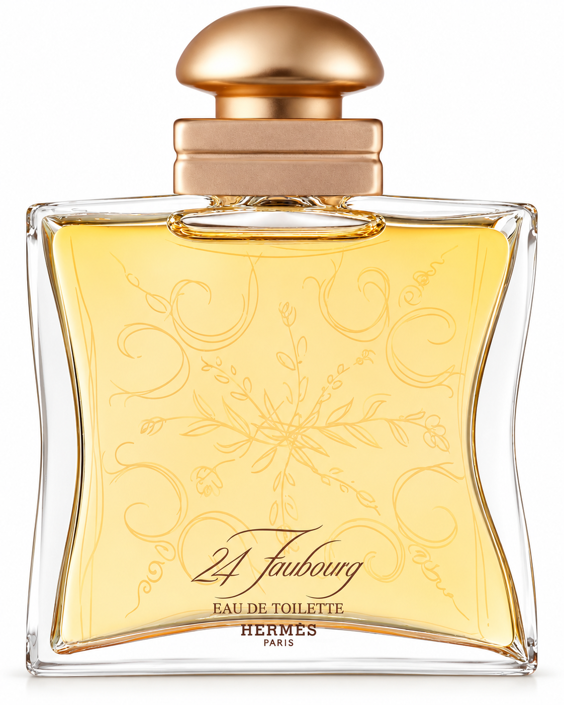 Hermès 24 Faubourg Eau de Toilette for women, featuring an elegant transparent glass bottle with golden-yellow perfume, delicate engraved floral patterns, a rounded gold cap and refined Hermès Paris branding, photographed against a clean white background. A timeless luxury floral fragrance.