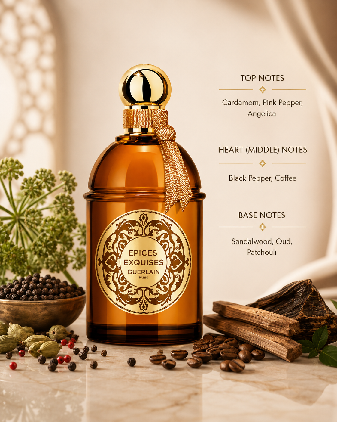 Guerlain Épices Exquises, exact original bottle and branding, in a warm luxurious setting. Style with cardamom, pink pepper, black pepper, coffee, sandalwood, oud and patchouli. Amber, gold and warm beige palette, elegant soft sunlight, rich spicy oriental atmosphere, premium photorealistic fragrance photography.