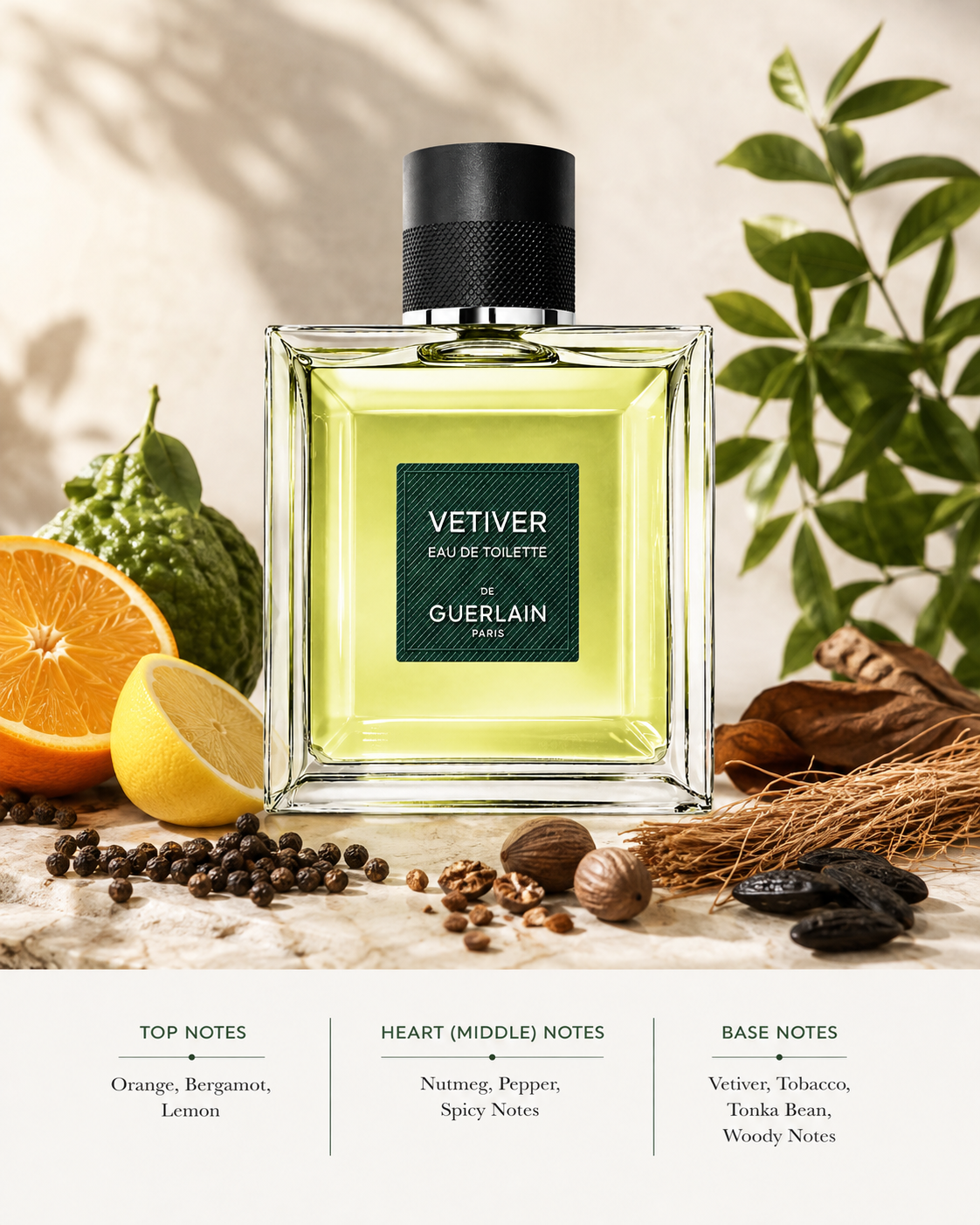 Guerlain Vetiver Eau de Toilette, exact original bottle and branding, in a fresh refined setting. Style with orange, bergamot, lemon, pepper, nutmeg, vetiver roots, tobacco and tonka bean. Green, citrus and earthy tones, warm natural sunlight, elegant masculine aesthetic, premium photorealistic fragrance photography.