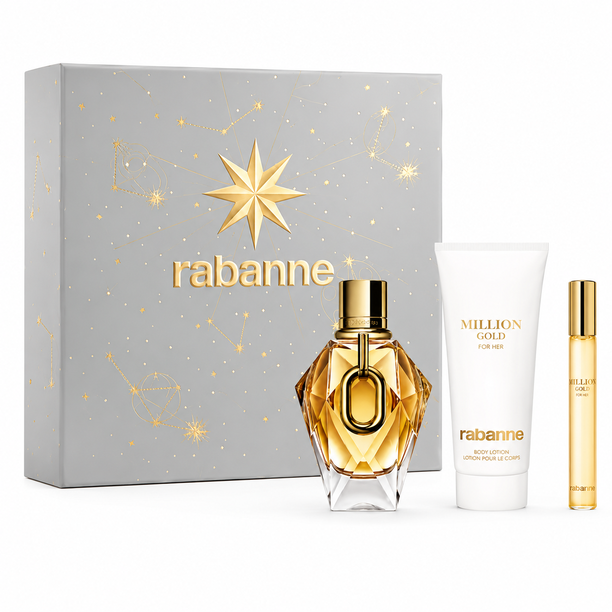 Rabanne Million Gold For Her Gift Set featuring Eau de Parfum, body lotion and travel spray in luxury holiday gift box.