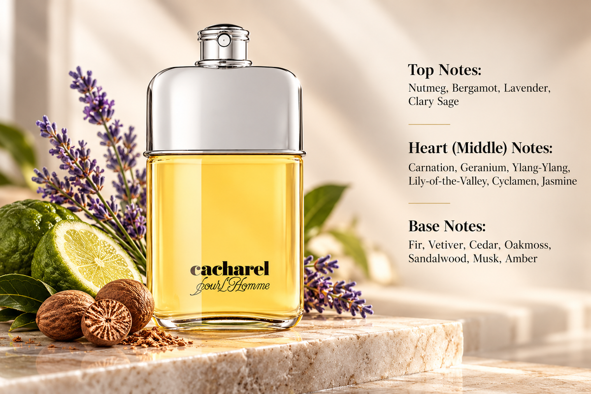 Cacharel Pour L'Homme men's fragrance in an elegant glass bottle with golden amber perfume and a silver cap, displayed on a beige marble surface with fresh bergamot, nutmeg and lavender. Refined fragrance composition featuring aromatic spices, floral notes and warm woody accords.