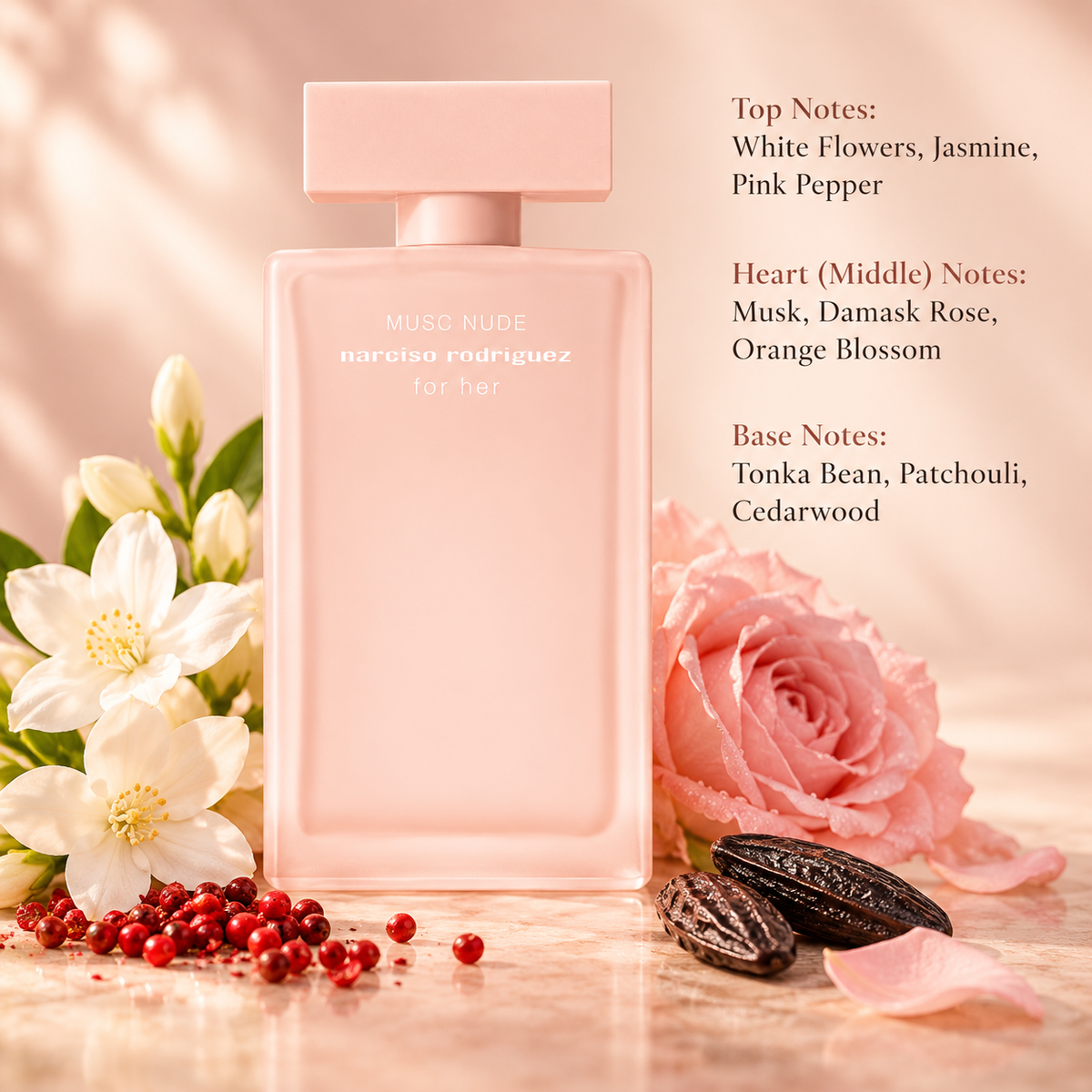 Narciso Rodriguez For Her Musc Nude perfume in an elegant blush pink bottle, surrounded by delicate white jasmine flowers, pink Damask roses, pink peppercorns and tonka beans. A luxurious floral musky fragrance with orange blossom, patchouli and cedarwood, presented against a soft peach background.