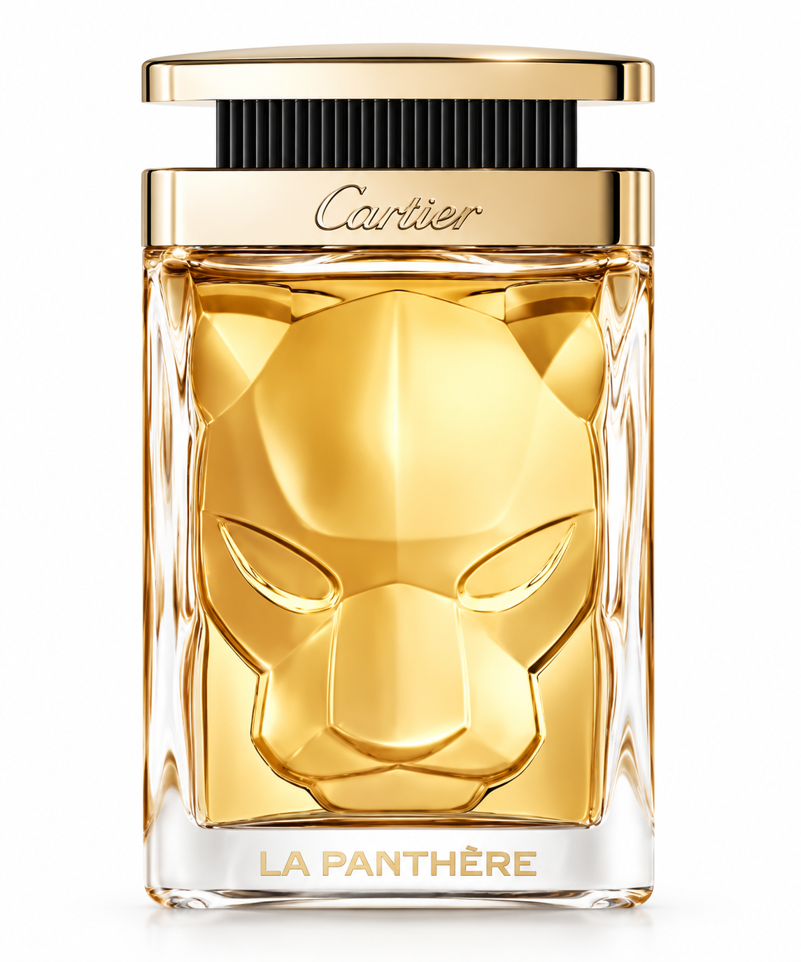 Cartier La Panthère perfume bottle with golden fragrance and iconic sculpted panther design, presented with elegant gold and black details on a clean white background.