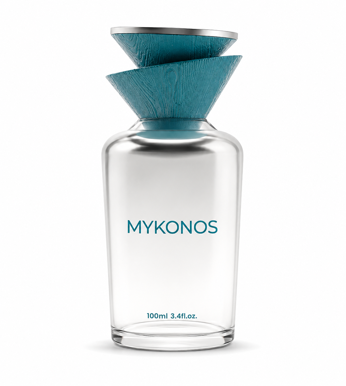Mykonos Glitch Eau de Parfum in a frosted clear glass bottle with a sculptural turquoise cap, isolated on a clean white background.
