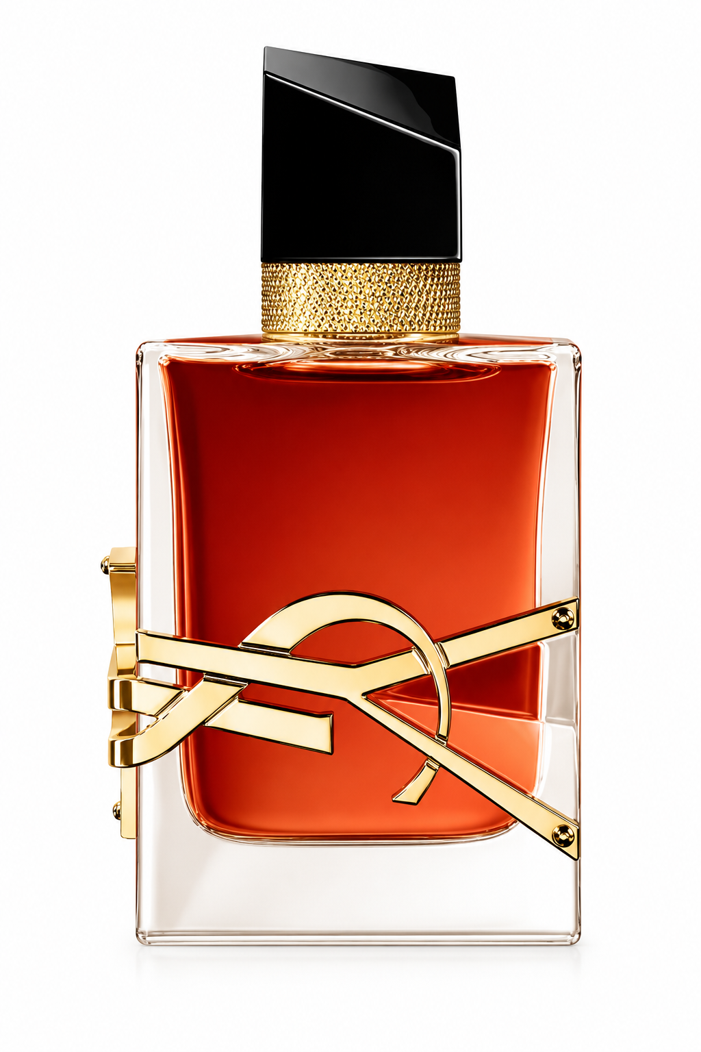 Yves Saint Laurent Libre Le Parfum 50ml for Women presented in its distinctive rectangular glass bottle filled with deep amber-red fragrance, featuring the oversized polished gold YSL Cassandre logo, textured gold neck and sculptural black cap, photographed against a clean pure white background.