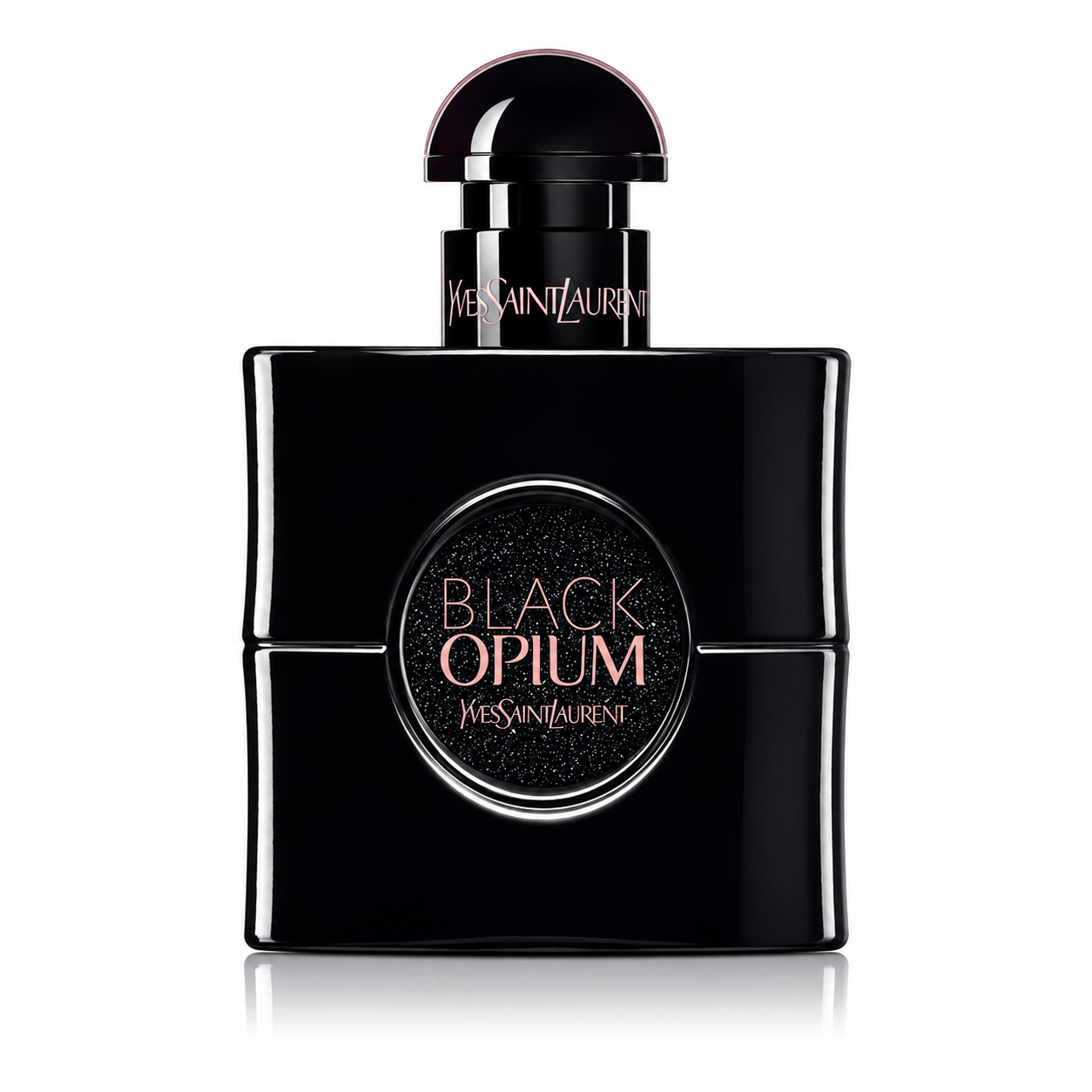 Yves Saint Laurent Black Opium Le Parfum presented in its iconic black glitter-finish bottle with a glossy lacquered surface, shimmering central emblem, elegant rounded cap and luxurious rose-gold accents. Displayed on a flawless pure white background with premium studio lighting, crisp reflections, soft natural shadows and exceptional detail that highlights the bottle's glamorous and sophisticated design. A clean, elegant and photorealistic luxury e-commerce presentation.