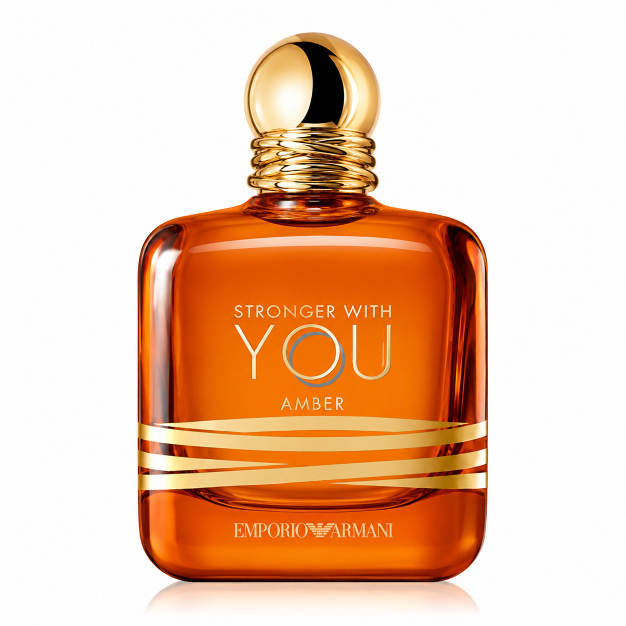 Emporio Armani Stronger With You Amber Eau de Parfum presented in its luxurious amber-colored glass bottle with elegant golden horizontal bands, iconic spherical gold cap with intertwined rings and refined gold typography. Displayed on a flawless pure white background with premium studio lighting, crisp reflections, soft natural shadows and exceptional detail that highlights the bottle's warm, sophisticated and luxurious design. A clean, elegant and photorealistic luxury e-commerce presentation.