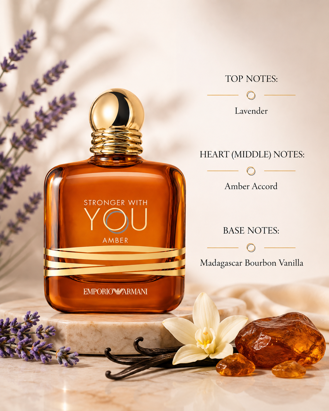 Emporio Armani Stronger With You Amber Eau de Parfum displayed on an elegant beige marble surface bathed in warm golden sunlight, surrounded by fresh lavender sprigs, glowing amber resin, Madagascar Bourbon vanilla pods and delicate vanilla orchid blossoms. Soft cream fabrics, subtle warm shadows and luxurious golden tones create a refined, intimate atmosphere that reflects the fragrance's rich amber and vanilla character.