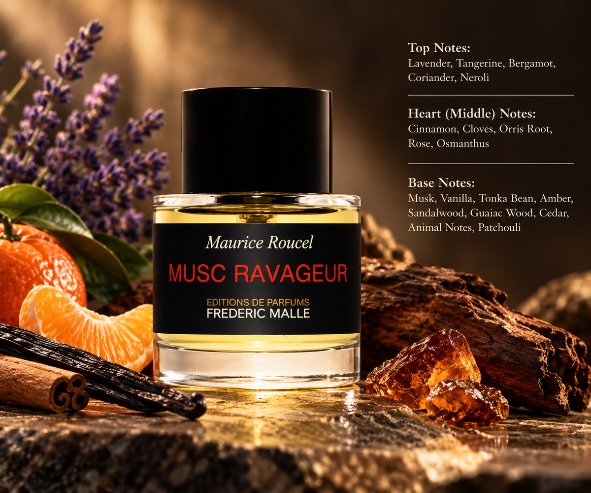 Frédéric Malle Musc Ravageur by Maurice Roucel, a luxurious unisex perfume in an elegant glass bottle with a black label, surrounded by lavender, tangerines, cinnamon, vanilla, amber and woods. A refined composition highlighting its warm, spicy, musky and oriental fragrance notes.