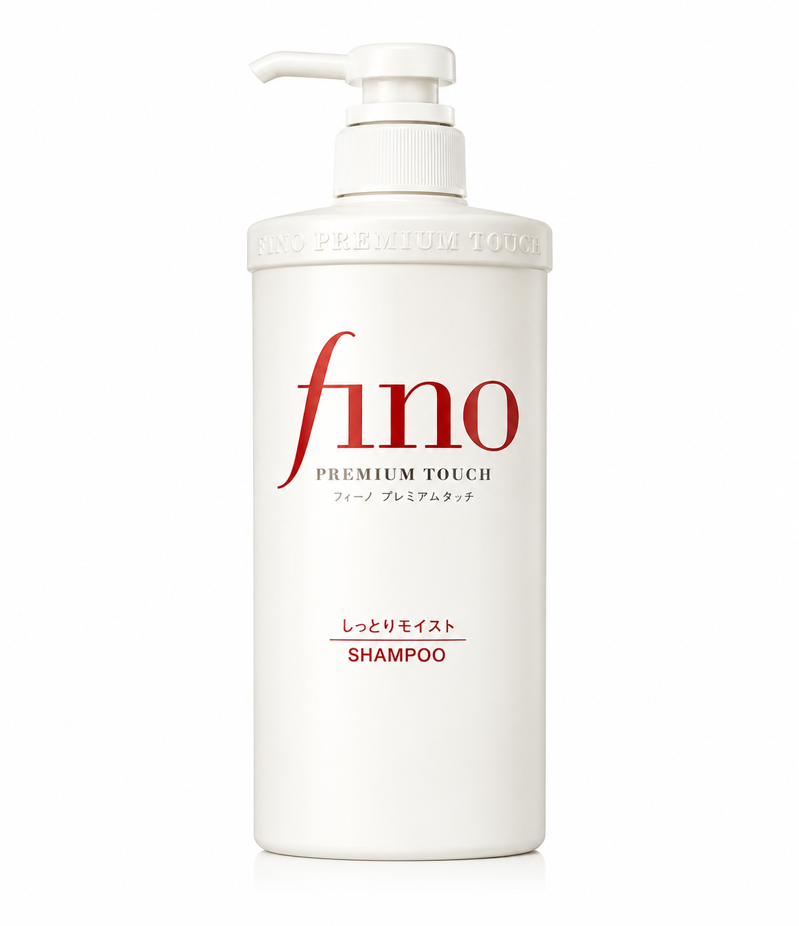 Fino Premium Touch Shampoo in a large white pump bottle with elegant minimalist packaging and red logo, isolated on a clean white background. This premium Japanese shampoo is designed to gently cleanse while deeply moisturizing dry, damaged hair, leaving it soft, smooth, healthy-looking, and full of shine.