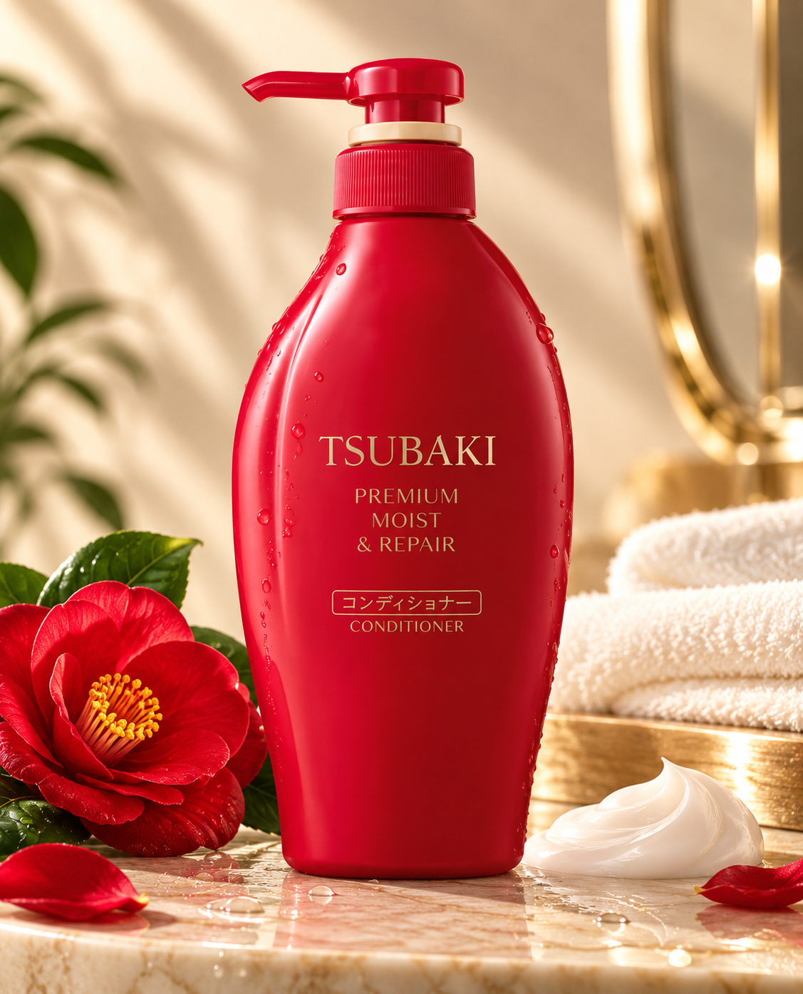 Tsubaki Premium Moist & Repair Conditioner in its signature red pump bottle with elegant gold lettering and delicate water droplets, displayed on a warm beige marble surface with red camellia flowers, green leaves, soft white towels and creamy conditioner texture. Japanese moisturizing and repairing hair conditioner for dry, damaged hair.
