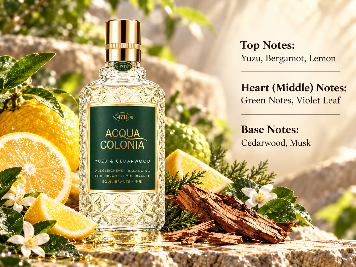 4711 Acqua Colonia Yuzu & Cedarwood fragrance bottle in a fresh, sunlit setting with yuzu, bergamot and lemon citrus, green foliage and natural cedarwood, reflecting its bright citrus, green and softly woody scent profile.