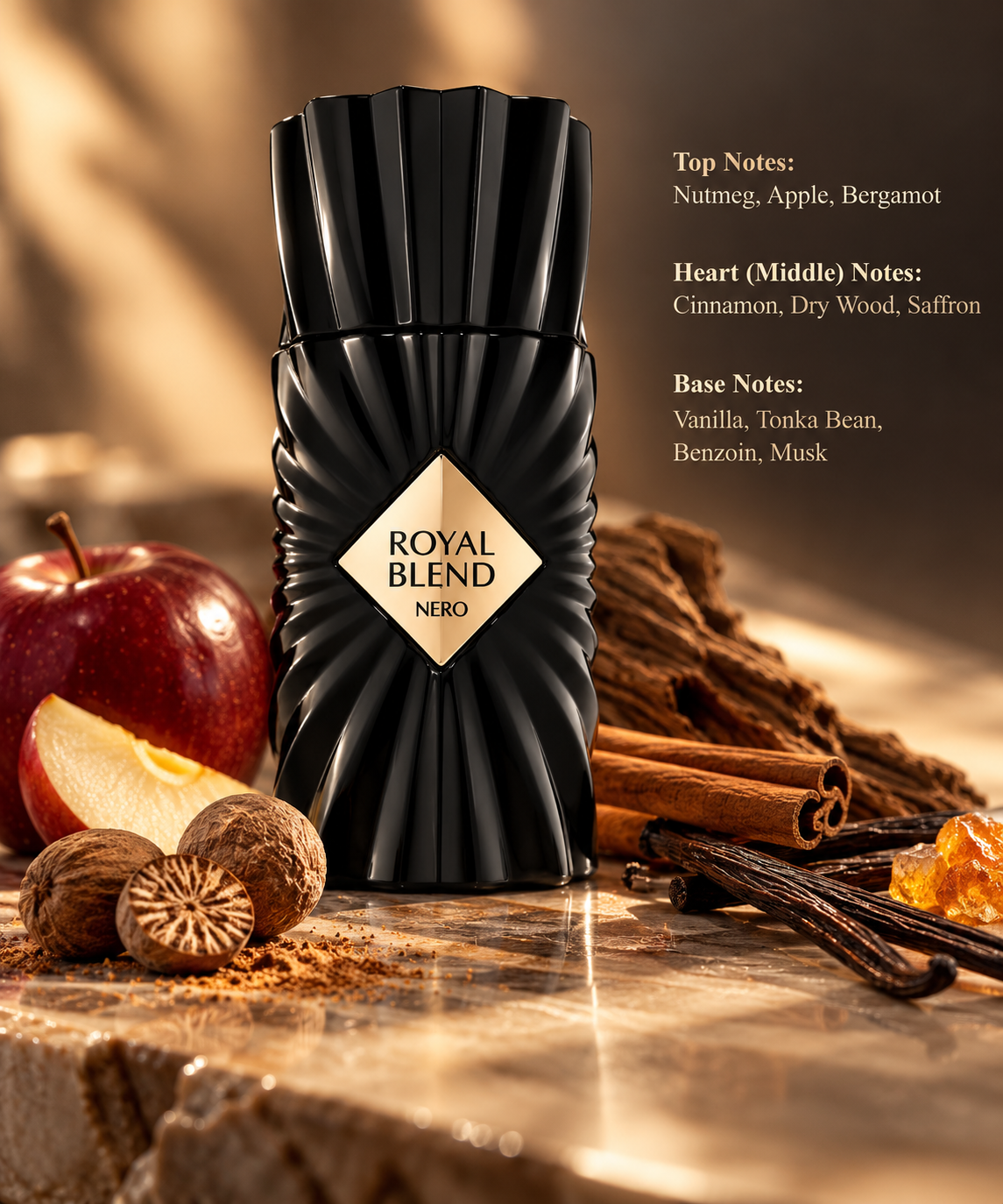 Royal Blend Nero luxury perfume bottle featuring a glossy black sculpted design and elegant gold diamond-shaped label, presented in a sophisticated fragrance composition. Premium perfume photography highlighting the bold black packaging, refined details and luxurious presentation.