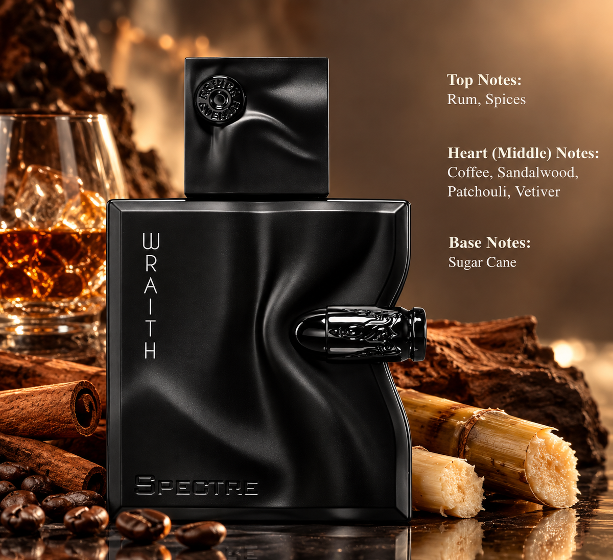 French Avenue Spectre Wraith Eau de Parfum for men in an elegant matte black bottle, surrounded by coffee beans, cinnamon, rum and sugar cane against a warm amber background. A bold masculine fragrance with spicy, woody, gourmand and sweet notes.