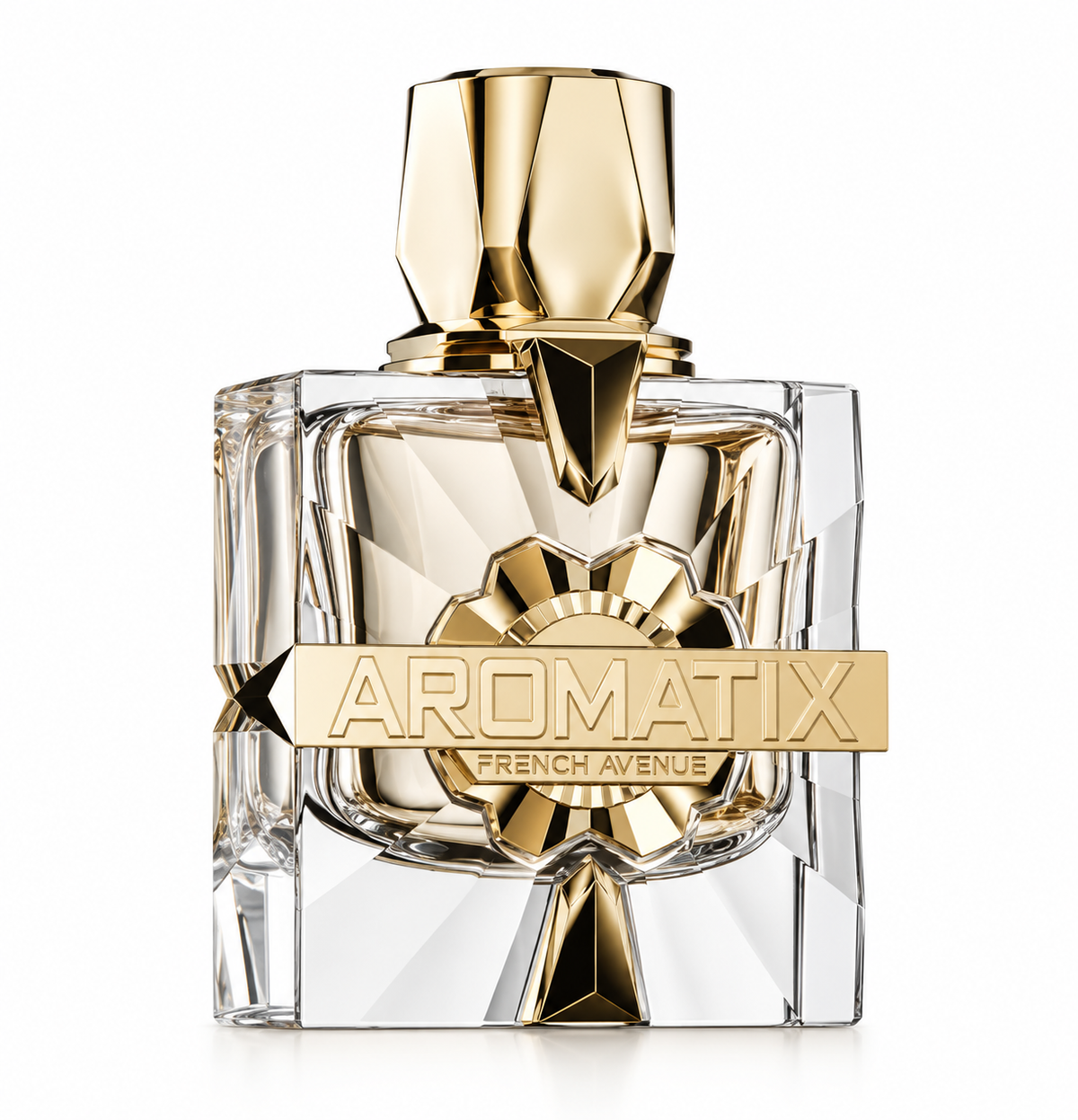 French Avenue Aromatix luxury perfume featuring a transparent, faceted glass bottle with an elegant gold geometric cap, decorative gold detailing and a prominent Aromatix front label. Premium vanilla gourmand fragrance photographed against a pure white background.