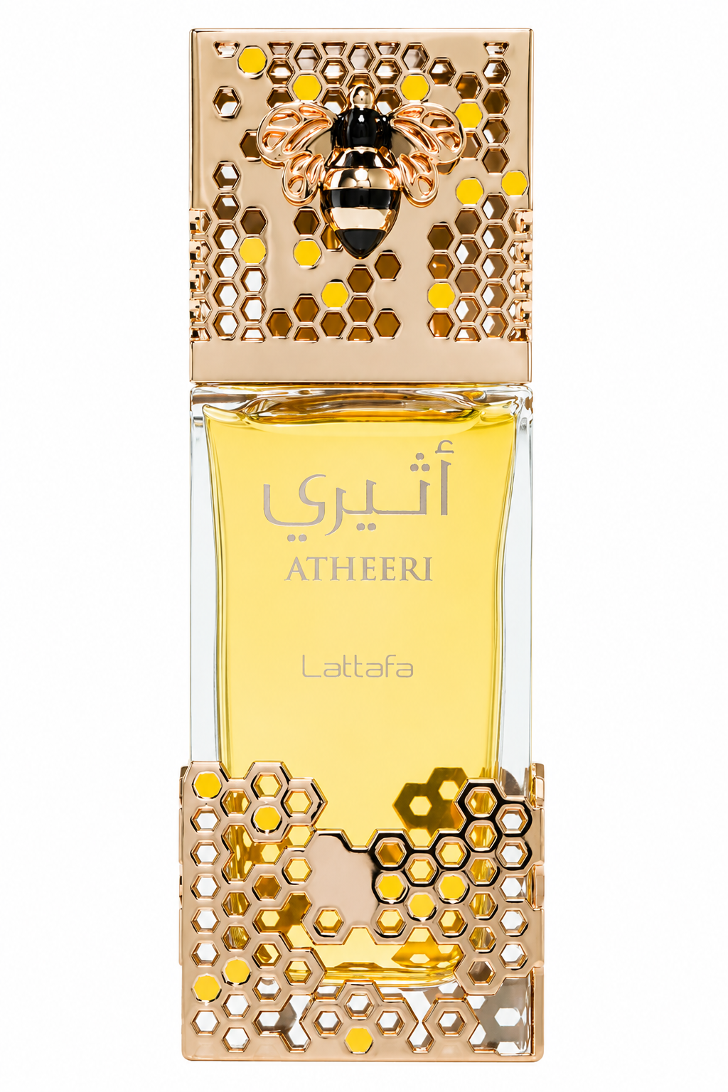 Lattafa Atheeri Eau de Parfum in an elegant clear glass bottle with golden fragrance liquid, luxurious honeycomb-patterned gold accents, and a decorative bee ornament, presented on a clean white background. Premium feminine fragrance showcased in a high-resolution studio product image.