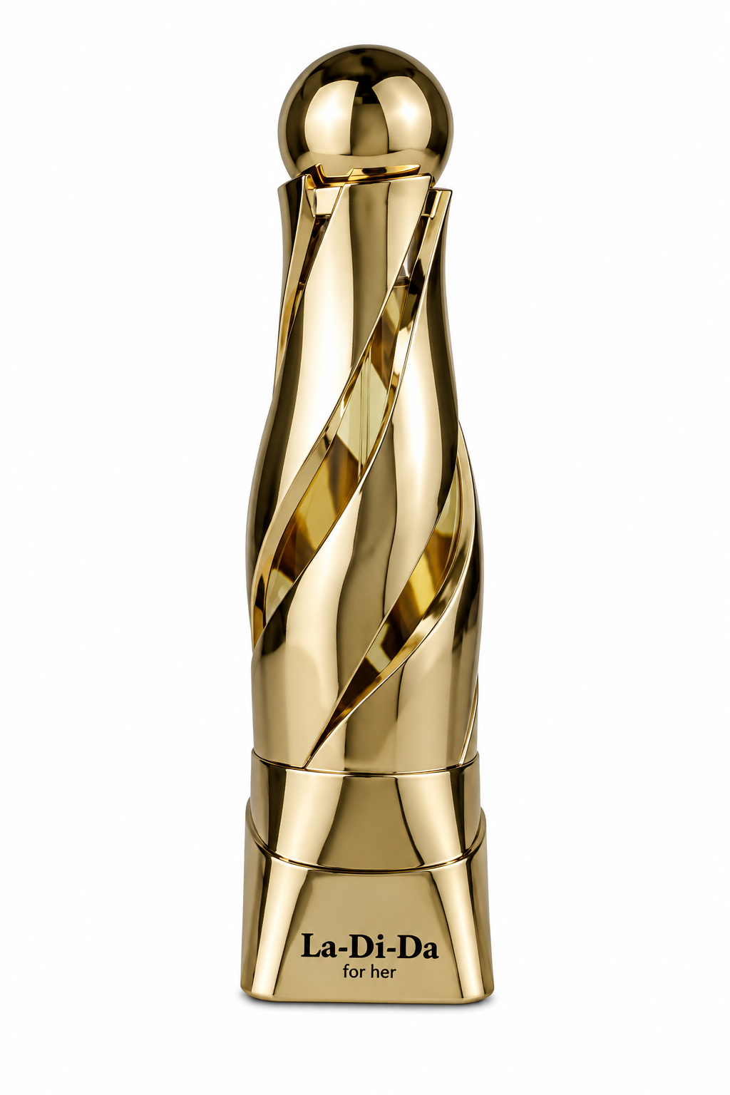 Arabiyat Prestige La Di Da Femme 100ml EDP, featuring an elegant sculptural gold bottle with flowing twisted metallic details, transparent accents and a polished spherical cap, presented against a pristine white background.