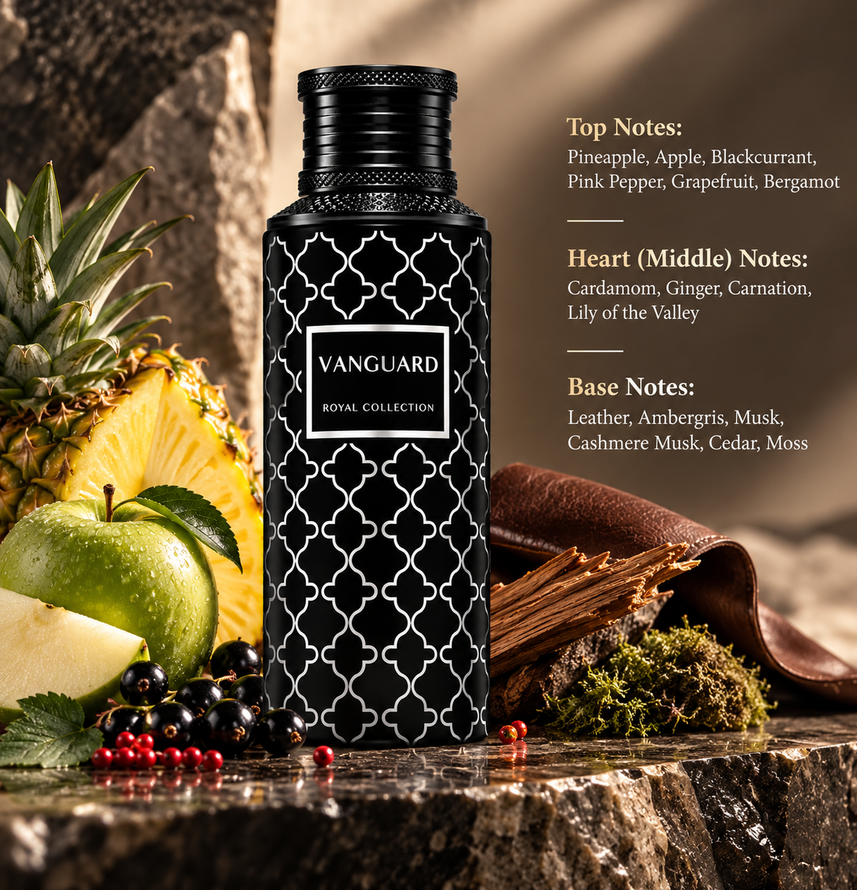Maison Asrar Vanguard Royal Collection 100ml Eau de Parfum displayed on dark natural stone with fresh pineapple, green apple, blackcurrant, pink pepper, cedarwood and leather accents. A sophisticated fruity, spicy and woody fragrance featuring bergamot, cardamom, ginger, ambergris, musk and leather notes.