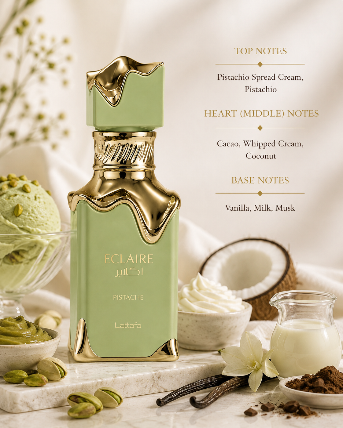 Lattafa Eclaire Pistache Eau de Parfum 100ml elegantly displayed on a premium marble surface in a luxurious dessert-inspired setting surrounded by pistachios, creamy pistachio spread, pistachio gelato, whipped cream, coconut, rich cocoa powder, vanilla pods, fresh milk and delicate white blossoms, creating a warm, creamy and sophisticated atmosphere that perfectly reflects its irresistible gourmand fragrance profile.