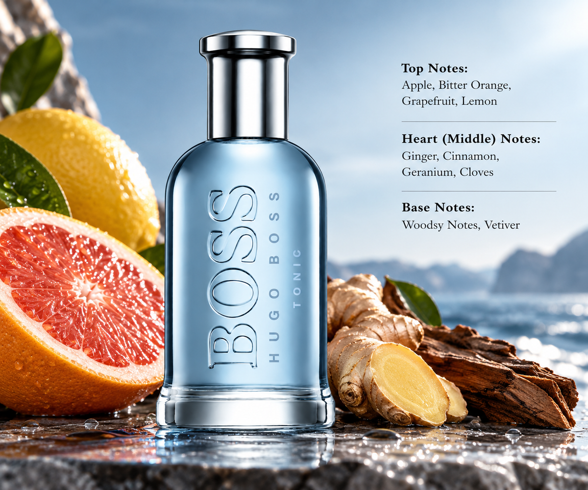 Hugo Boss Bottled Tonic Eau de Toilette for men, featuring its signature light blue bottle surrounded by fresh grapefruit, lemon, ginger and natural woody elements. Elegantly presented on a reflective stone surface with a soft coastal background, highlighting its refreshing citrus, spicy and woody fragrance profile.