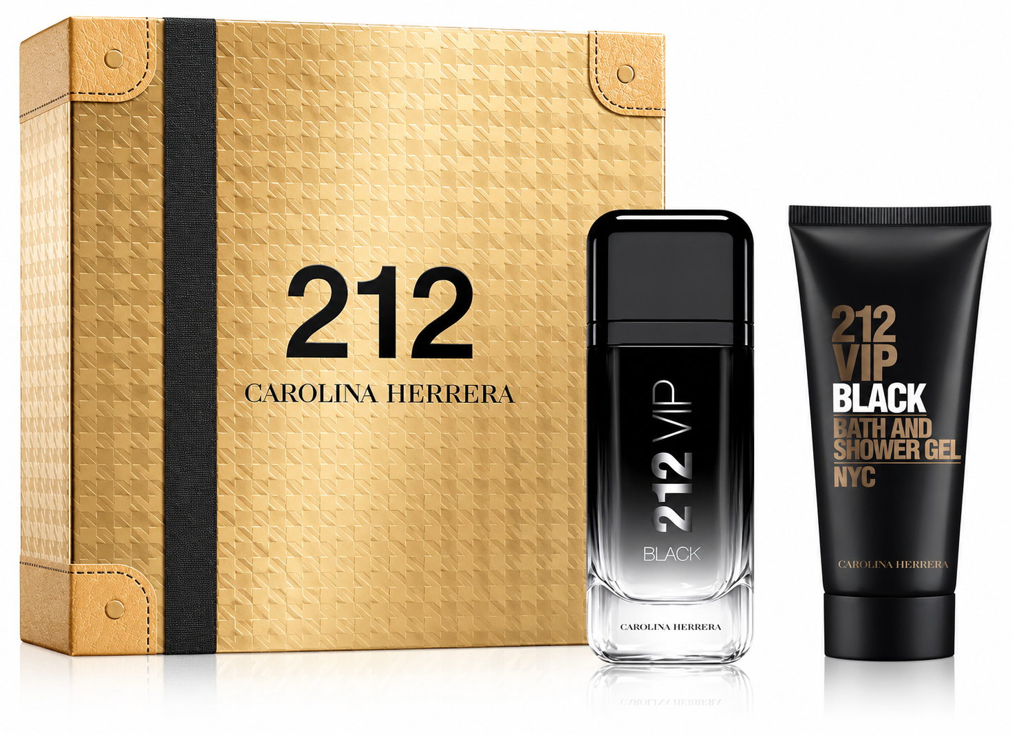 Carolina Herrera 212 VIP Black Gift Set with 212 VIP Black Eau de Parfum and Bath & Shower Gel in a premium gold gift box.