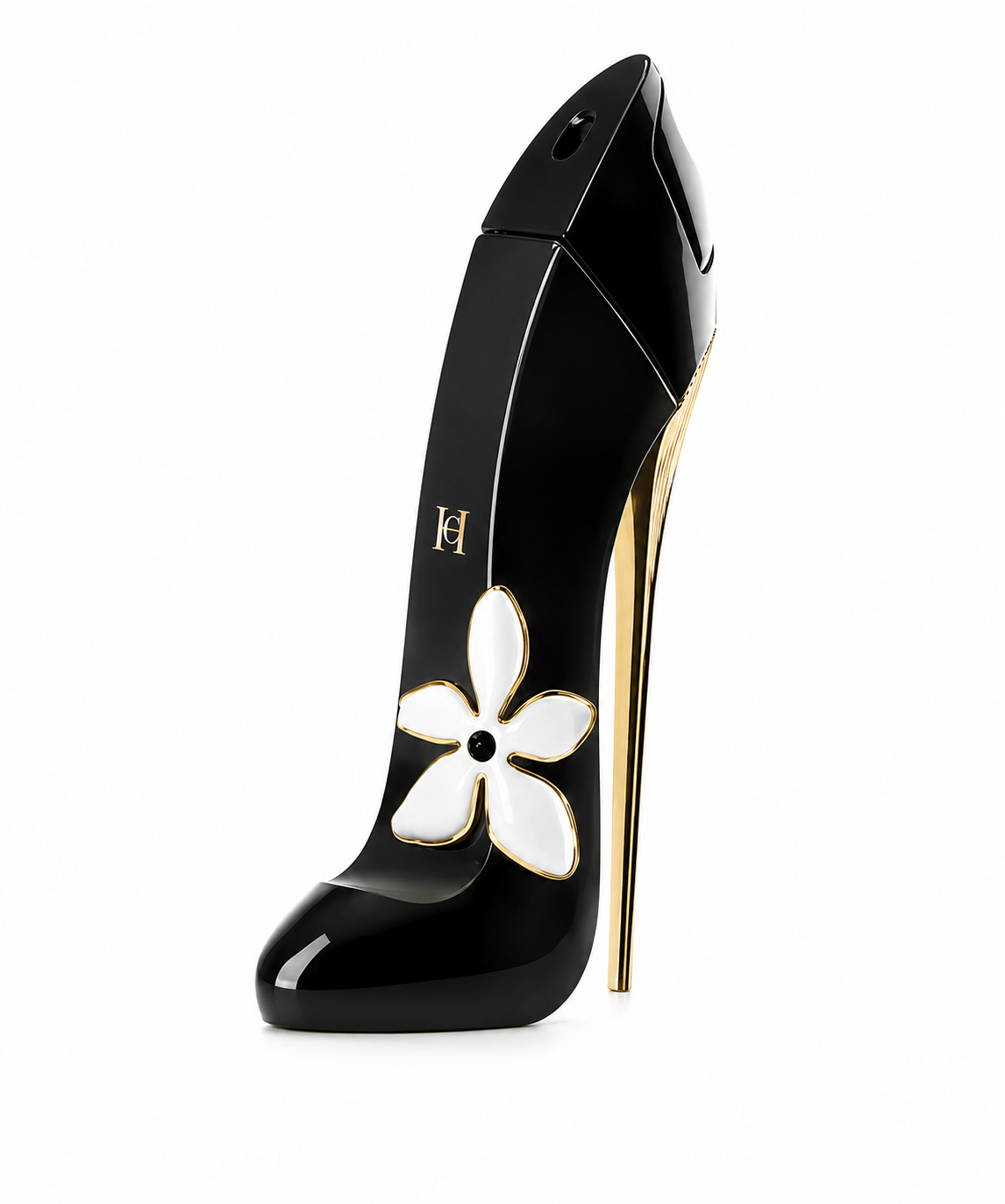 Carolina Herrera Good Girl Jasmine Absolute 80ml EDP elegantly showcased on a pure white background, highlighting the iconic black stiletto bottle adorned with a refined white jasmine flower and luxurious gold heel, emphasizing its sophisticated, feminine and premium design.