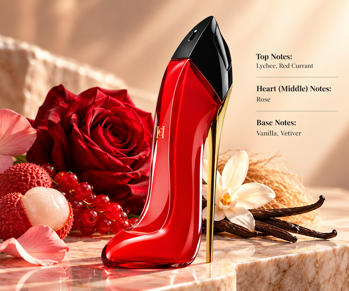 Carolina Herrera Very Good Girl perfume displayed with lychee, red currant, red rose, vanilla and vetiver-inspired elements in a warm, elegant setting reflecting its fruity floral fragrance profile.