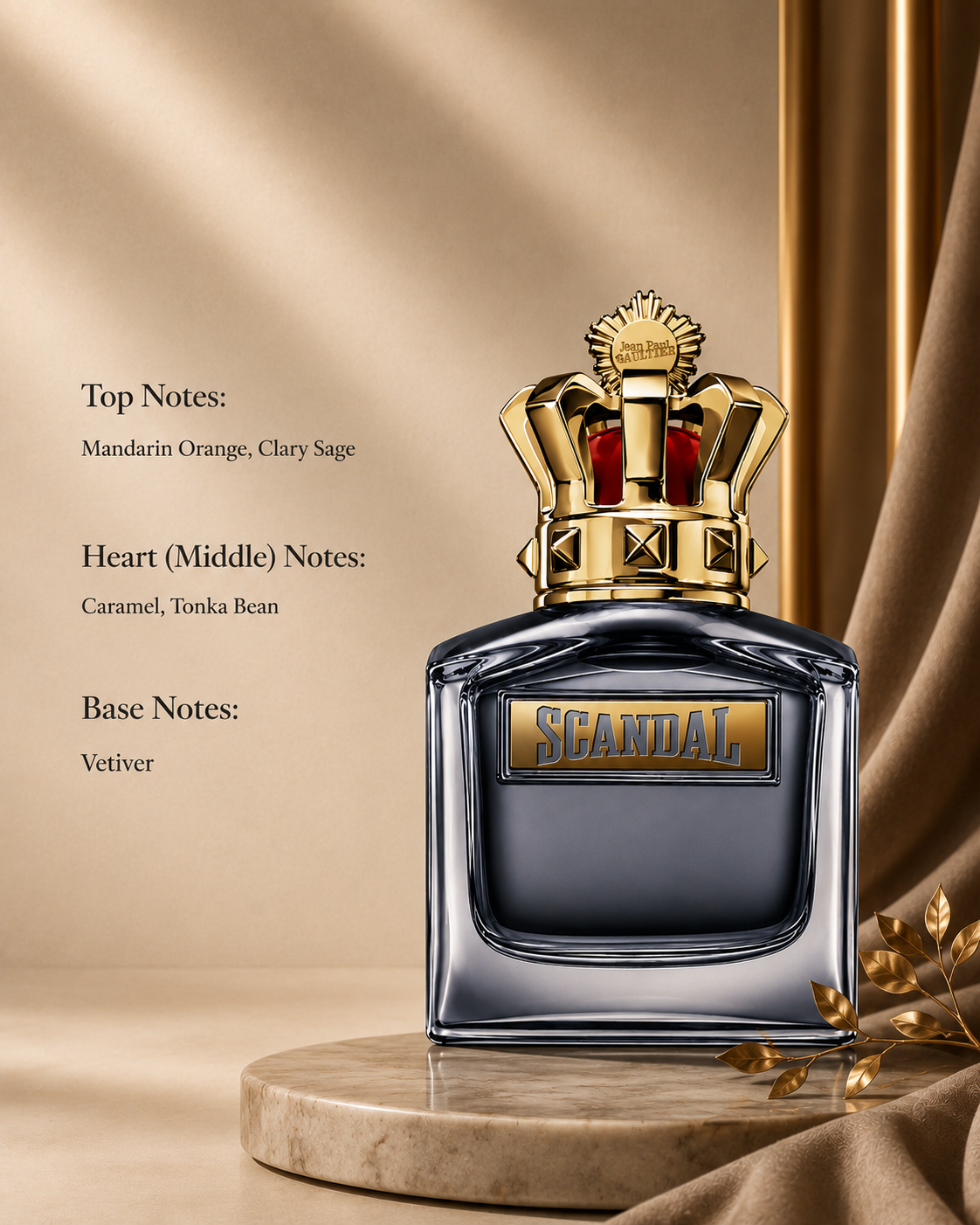 Jean Paul Gaultier Scandal Pour Homme Eau de Parfum with fragrance notes of mandarin orange, clary sage, caramel, tonka bean and vetiver.