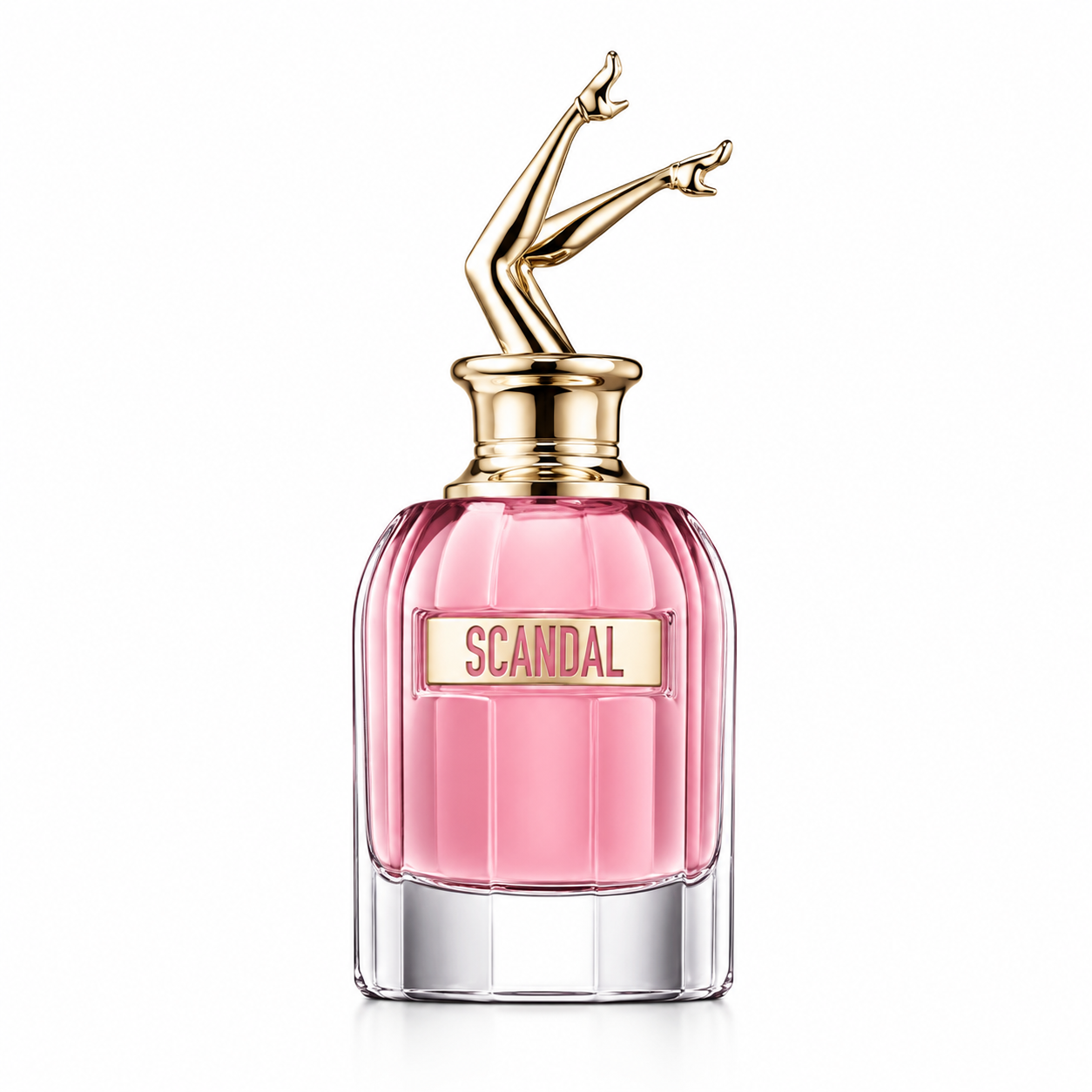 Jean Paul Gaultier Scandal 80ml EDP women's perfume in elegant pink glass bottle with iconic gold legs cap on white background.