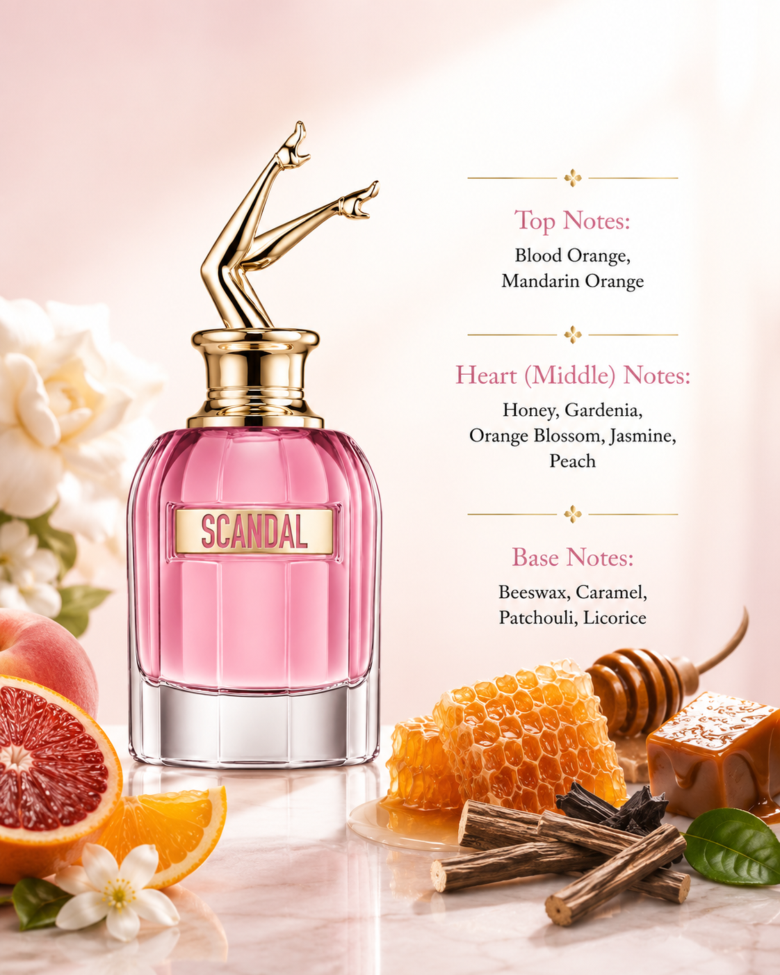 Jean Paul Gaultier Scandal 80ml EDP surrounded by blood orange, honey, orange blossom, caramel, licorice and patchouli reflecting its sweet floral fragrance notes.