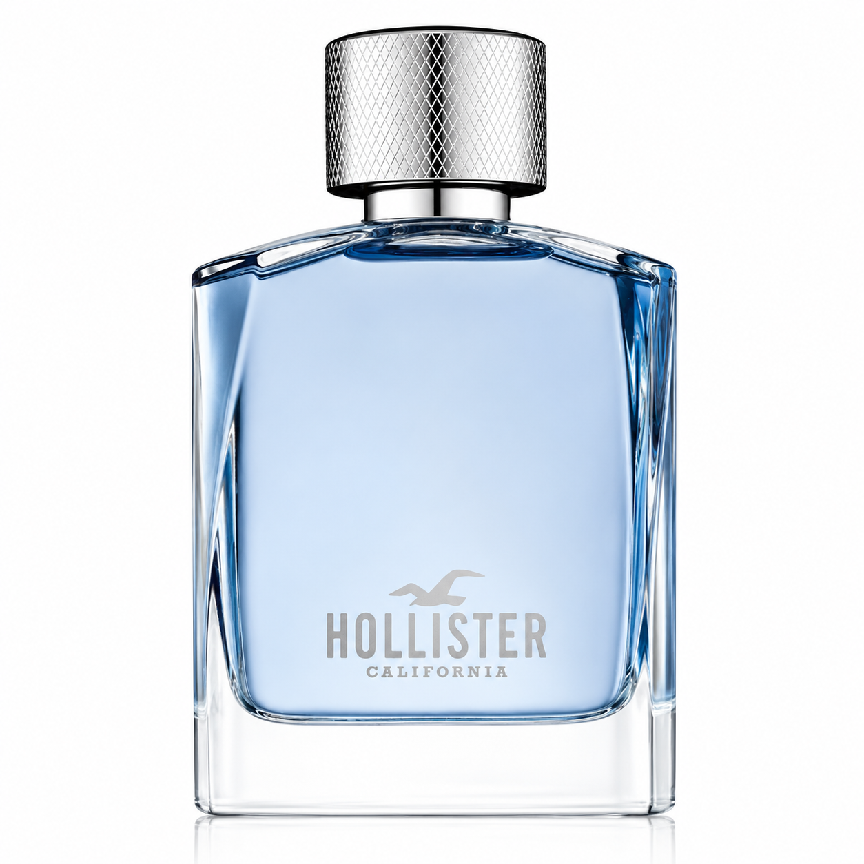 Hollister Wave for Him fragrance bottle, front-facing and centered on pure white background. Preserve the exact transparent rectangular glass bottle, pale blue fragrance, silver diamond-textured cap, silver Hollister seagull logo and HOLLISTER CALIFORNIA lettering. Clean studio lighting, subtle reflection and soft shadow, sharp premium e-commerce product photography.