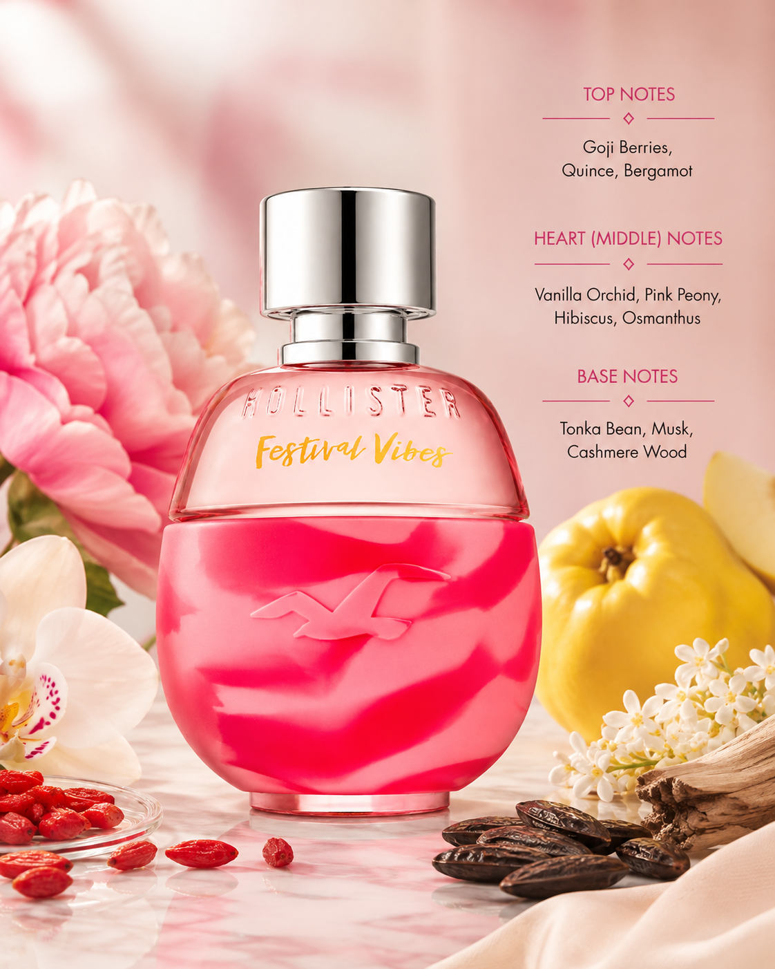Hollister Festival Vibes for Her, exact original bottle and branding, in a bright feminine floral setting. Style with goji berries, quince, bergamot, pink peony, vanilla orchid, hibiscus, osmanthus, tonka bean, musk and cashmere wood. Soft pink and warm yellow palette, luminous natural light, youthful premium fragrance photography.