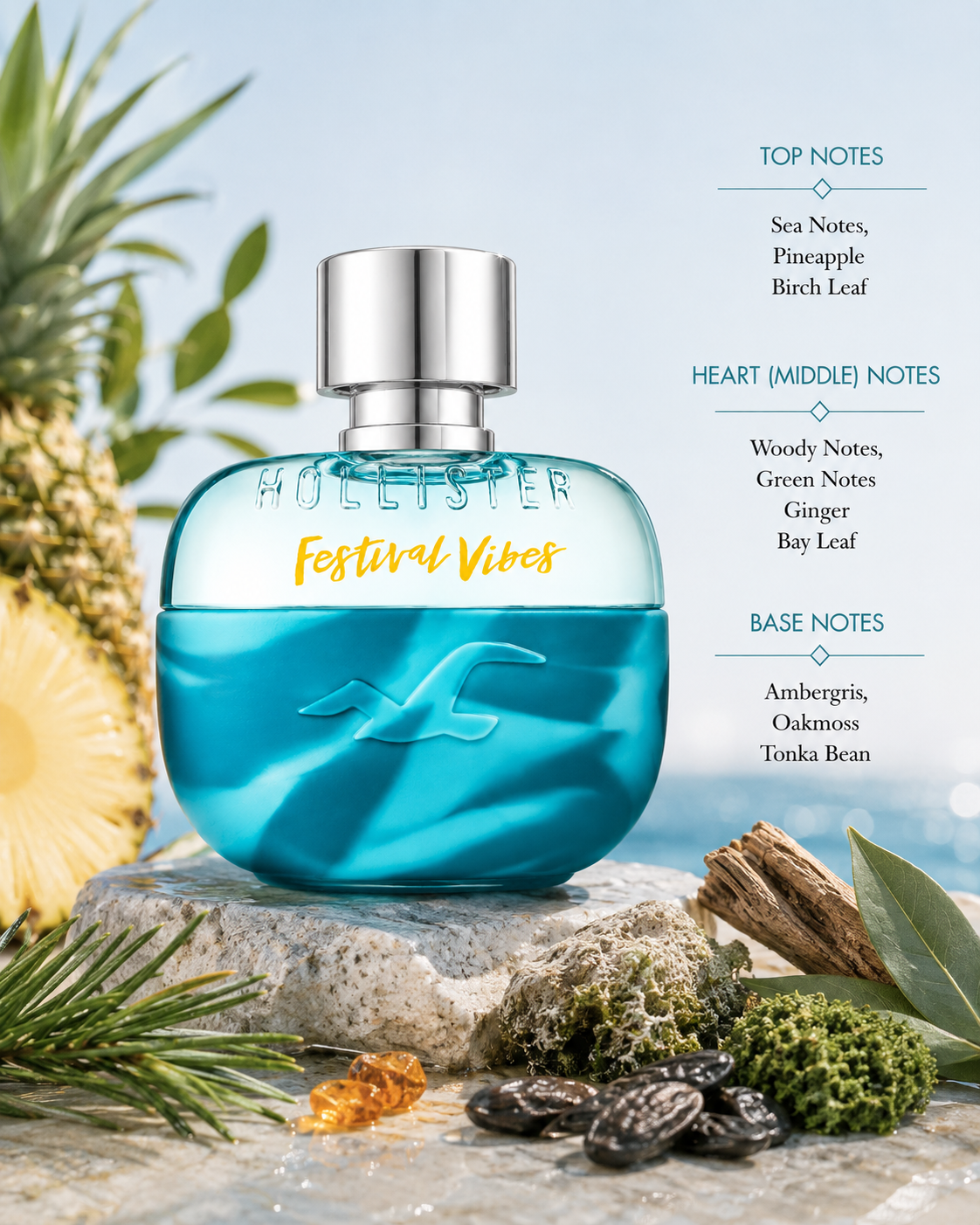 Hollister Festival Vibes for Him, exact original bottle and branding, in a fresh tropical coastal setting. Style with pineapple, sea notes, birch leaf, ginger, green and woody notes, bay leaf, ambergris, oakmoss and tonka bean. Turquoise, green and warm tropical tones, bright natural sunlight, fresh masculine premium fragrance photography.