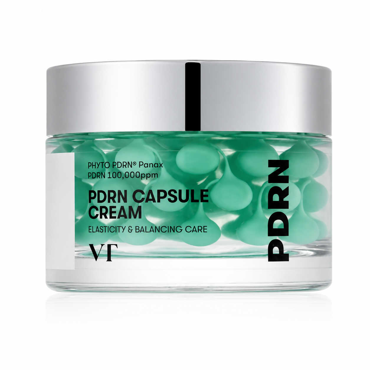 VT Cosmetics PDRN Capsule Cream 100 50ml on a pure white background, featuring an advanced Korean moisturizer with visible PDRN capsules, phyto-PDRN, peptides and hydrating ingredients to improve skin elasticity, strengthen the moisture barrier, deeply nourish, smooth fine lines and leave the complexion firmer, plumper and naturally radiant.