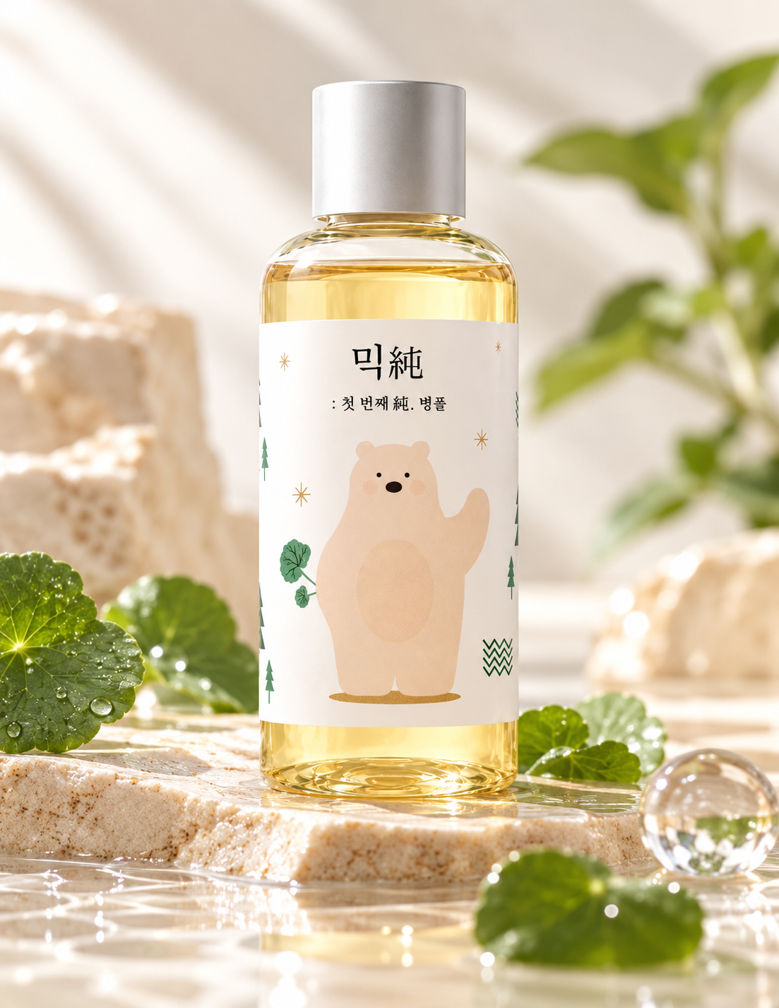 Mixsoon Centella Asiatica skincare product displayed on a natural beige stone surface, surrounded by fresh green centella leaves, delicate water droplets and soft sunlight. An elegant Korean skincare composition inspired by soothing botanical ingredients and gentle daily skincare.