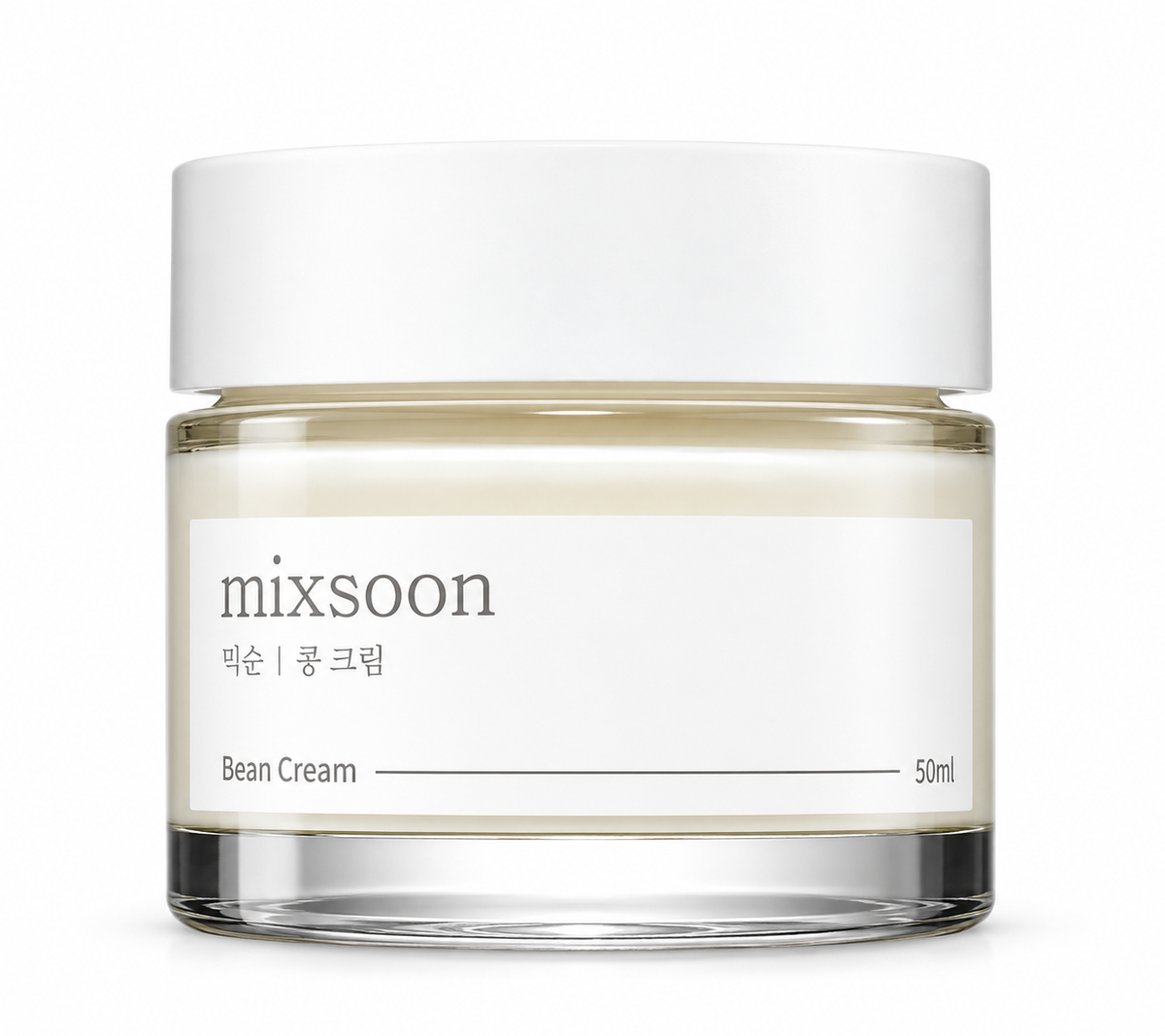 Mixsoon Bean Cream 50ml Korean facial moisturizer in a transparent glass jar with a white lid and minimalist label. A nourishing, hydrating face cream designed to support skin moisture and leave the complexion feeling soft and smooth, photographed against a pure white background.