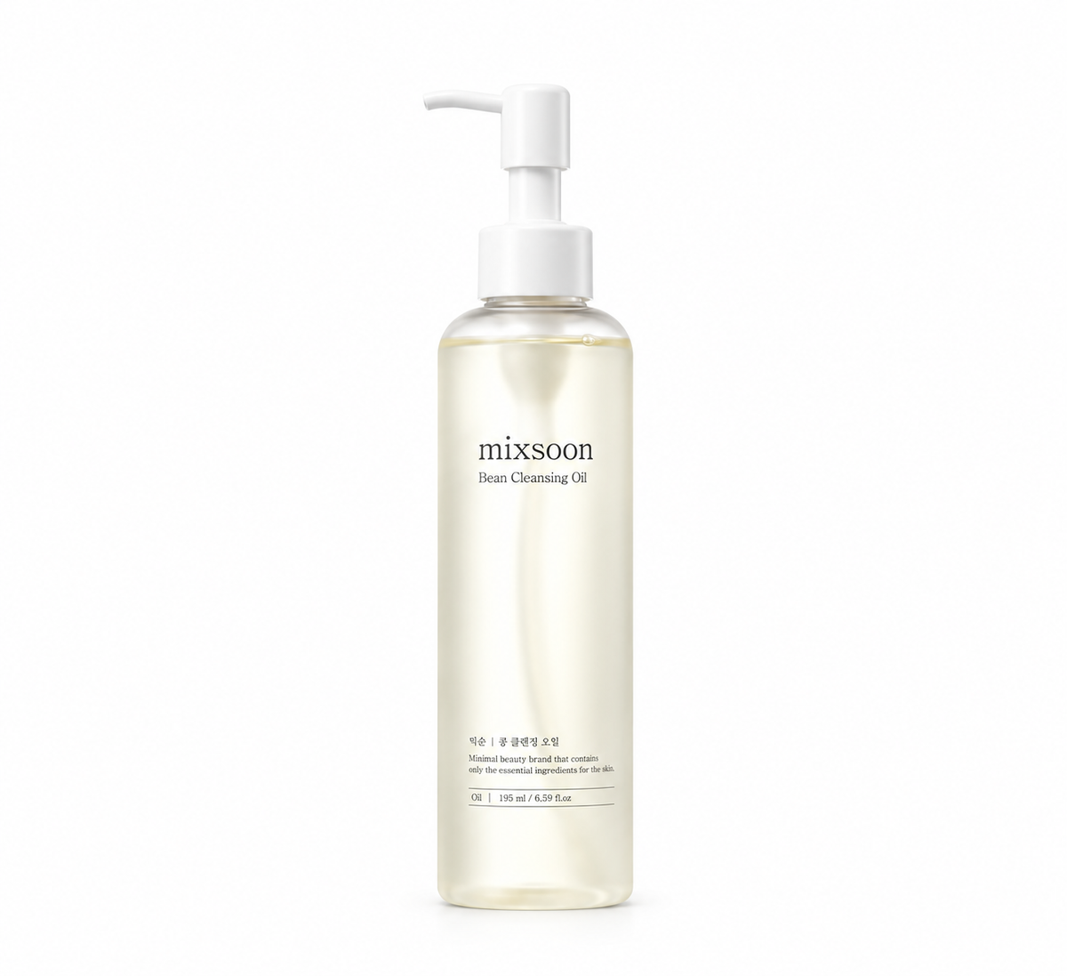 Mixsoon Bean Cleansing Oil 195ml in a transparent bottle with a white pump dispenser, featuring a pale golden cleansing oil and minimalist Korean skincare packaging. A gentle facial cleansing oil designed to remove makeup, sunscreen and impurities, presented against a pure white background.