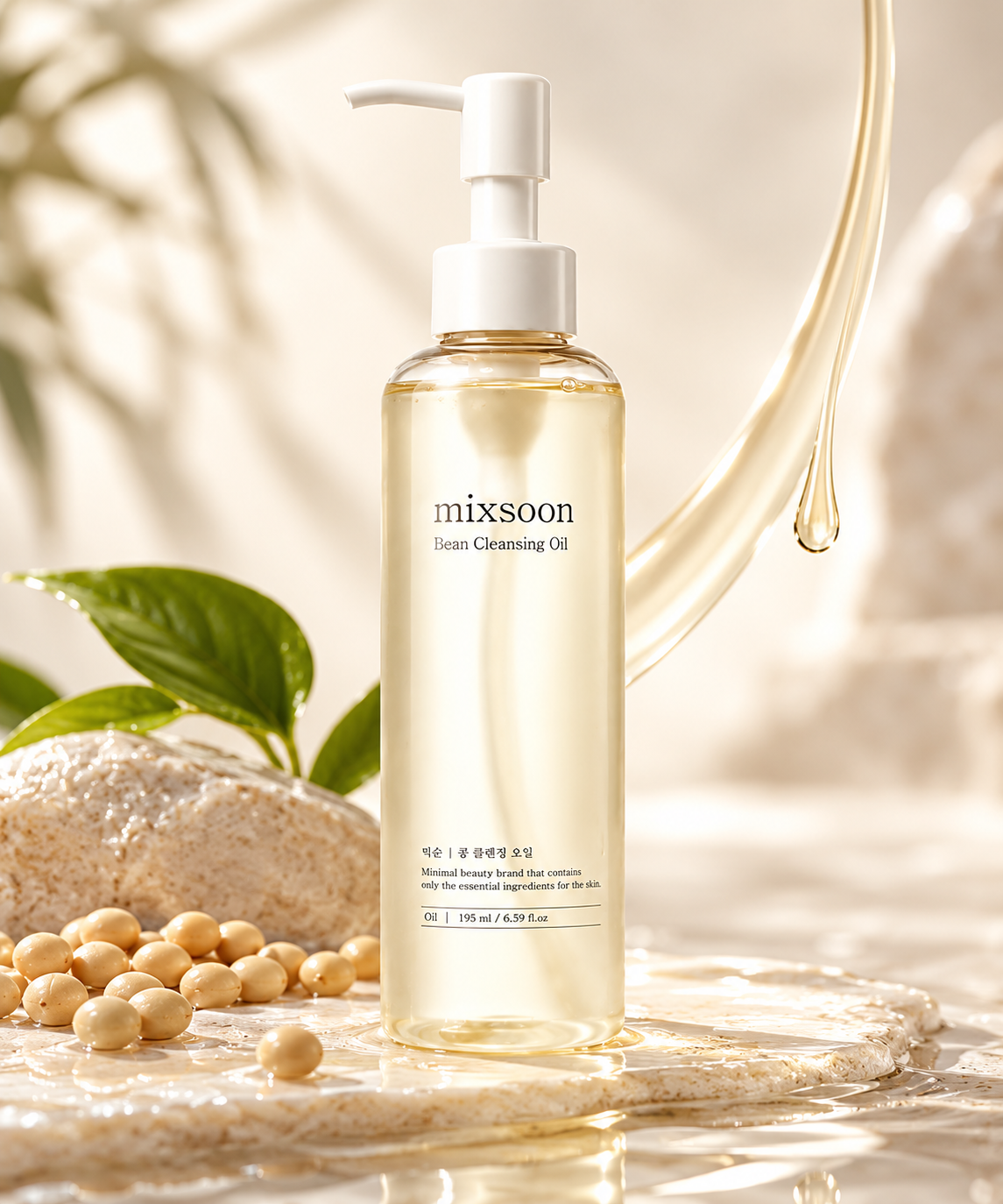 Mixsoon Bean Cleansing Oil 195ml in an elegant transparent pump bottle, surrounded by soybeans, fresh green leaves and flowing golden oil. A Korean facial cleansing oil for removing makeup, sunscreen and daily impurities, presented on a natural stone surface with warm sunlight and a luxurious minimalist aesthetic.