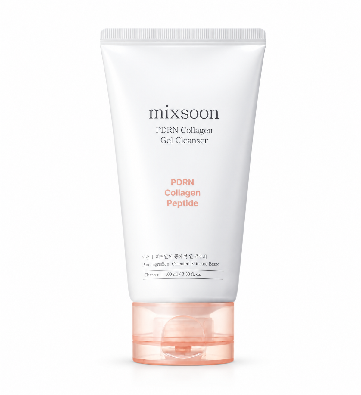 Mixsoon PDRN Collagen Gel Cleanser 100ml, Korean facial cleansing gel in an elegant white tube with a translucent peach-pink cap. Formulated with PDRN, collagen and peptides, this K-beauty cleanser helps remove impurities while leaving skin feeling clean, soft, refreshed and comfortable.