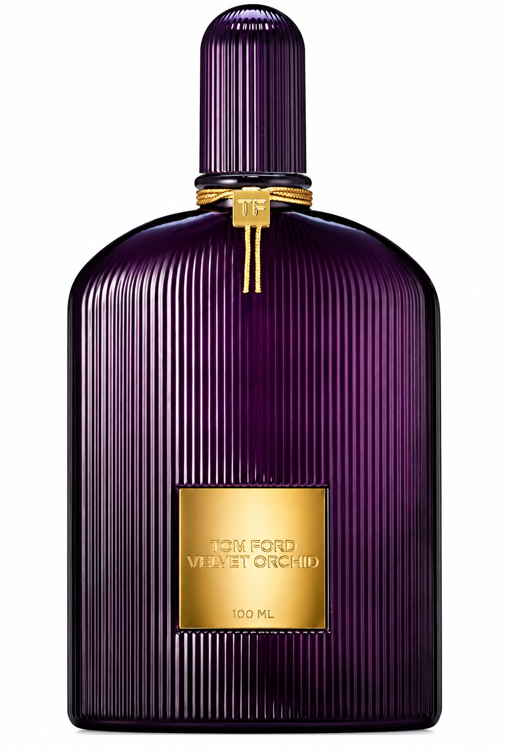 Tom Ford Velvet Orchid 100ml Eau de Parfum in an iconic deep purple fluted glass bottle with a matching ribbed cap, luxurious gold nameplate and signature gold TF detailing, presented on a clean white background.