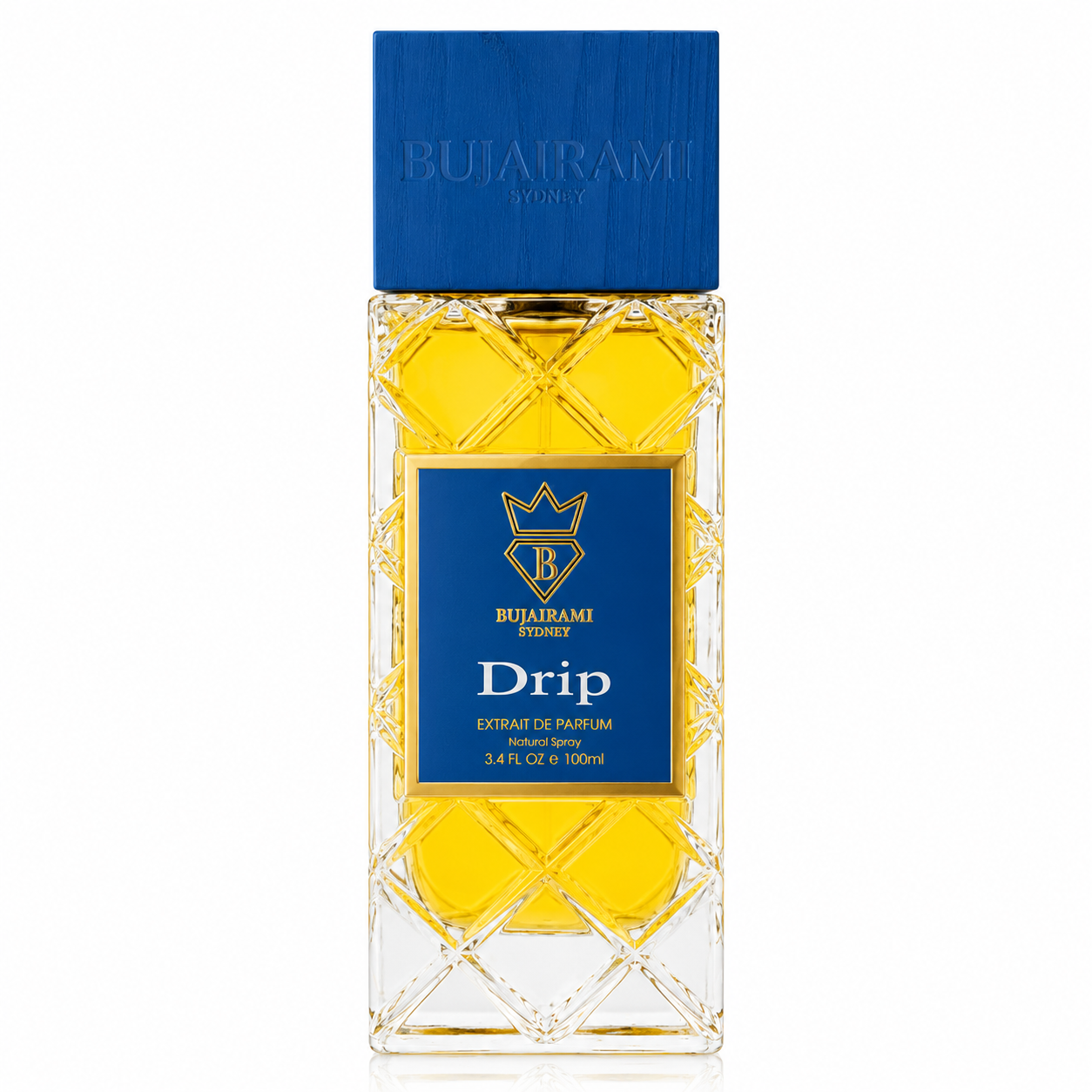 Bujairami Drip Extrait de Parfum 100ml presented on a pure white background, showcasing an elegant faceted crystal glass bottle filled with golden fragrance oil, finished with a deep blue cap and matching gold-accented label that highlights its luxurious extrait concentration and premium craftsmanship.