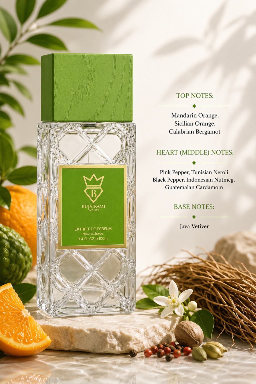 Bujairami Rizz Extrait de Parfum displayed in a sophisticated luxury composition on a polished natural marble pedestal, surrounded by vibrant mandarin orange, Sicilian orange, Calabrian bergamot, pink peppercorns, black pepper, Tunisian neroli blossoms, Guatemalan cardamom pods, Indonesian nutmeg, fresh green leaves and earthy Java vetiver roots. Warm natural sunlight filters through elegant foliage, casting soft botanical shadows across a clean premium background.